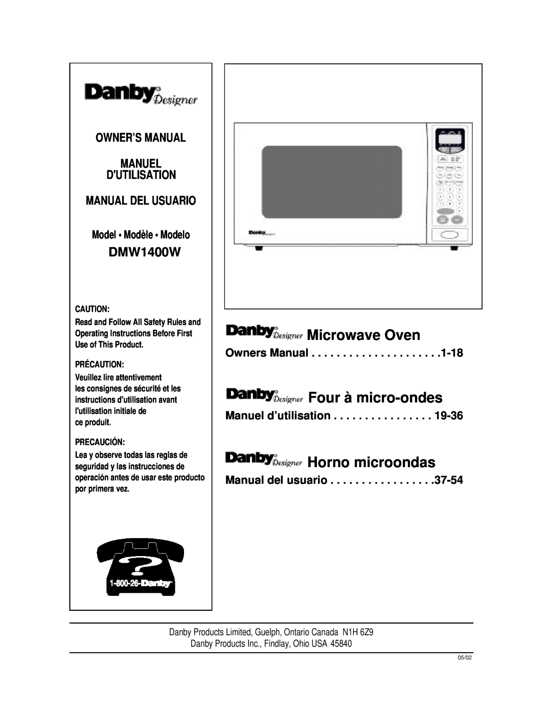 Danby DMW1400W manual Microwave Oven, Four à micro-ondes, Horno microondas, MANUAL DEL USUARIO Model Modèle Modelo 