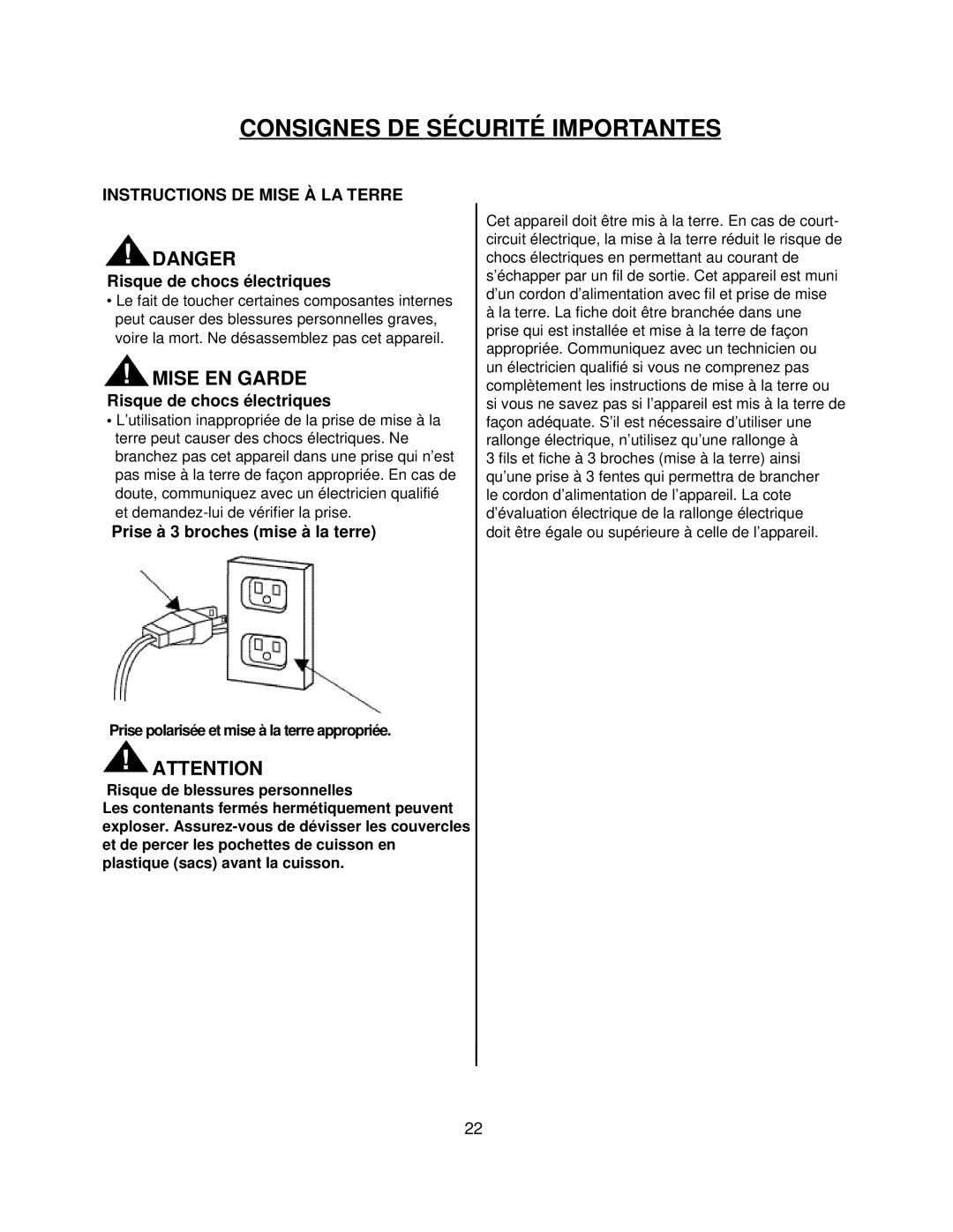 Danby DMW1400W manual Consignes De Sécurité Import Antes, Mise En Garde, Instructions De Mise À La Terre, Danger 
