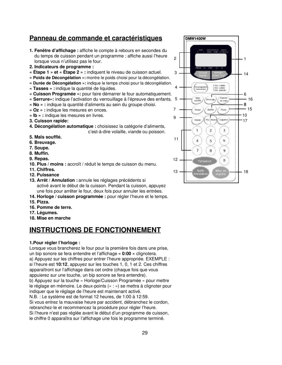 Danby DMW1400W manual Instructions De Fonctionnement, Panneau de commande et caractéristiques, Indicateurs de programme 