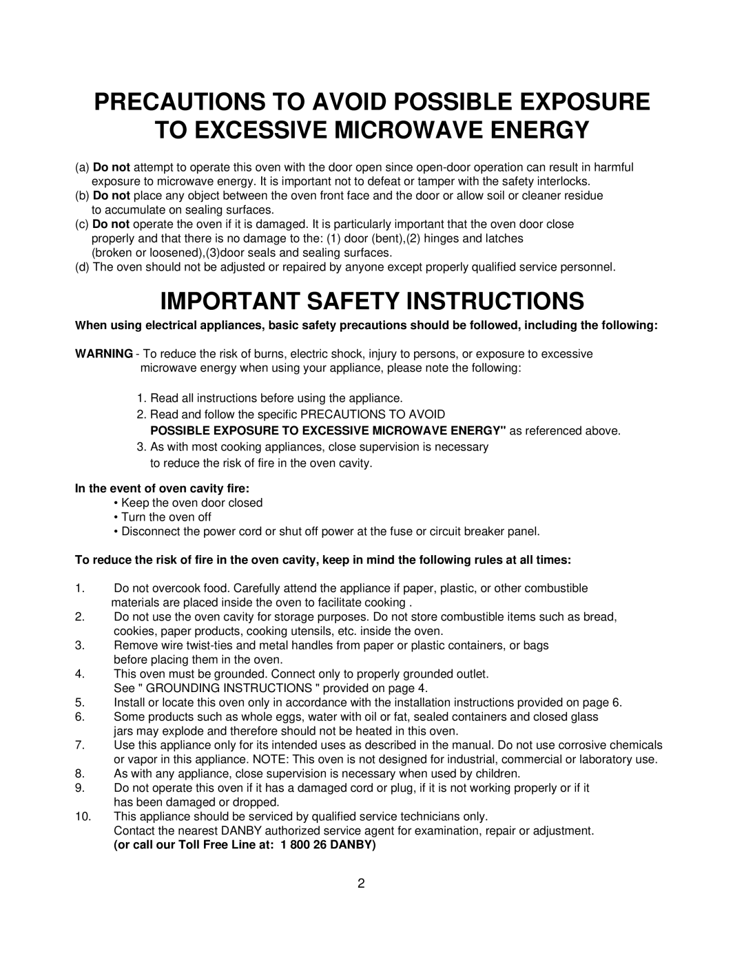 Danby DMW1400W manual Precautions To Avoid Possible Exposure To Excessive Microwave Energy, Important Safety Instructions 
