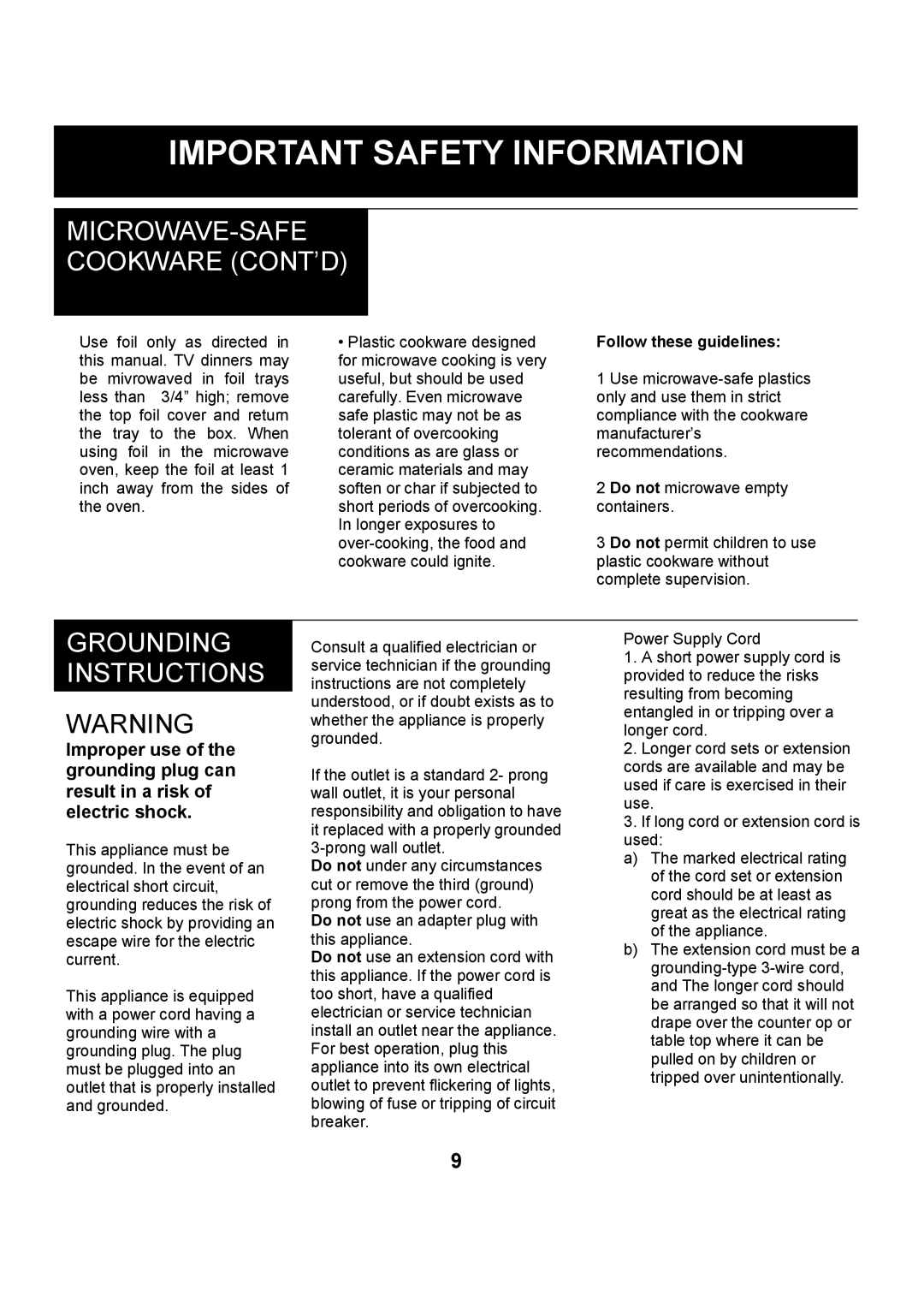 Danby DMW1406W manual MICROWAVE-SAFE Cookware CONT’D, Grounding Instructions, Follow these guidelines 