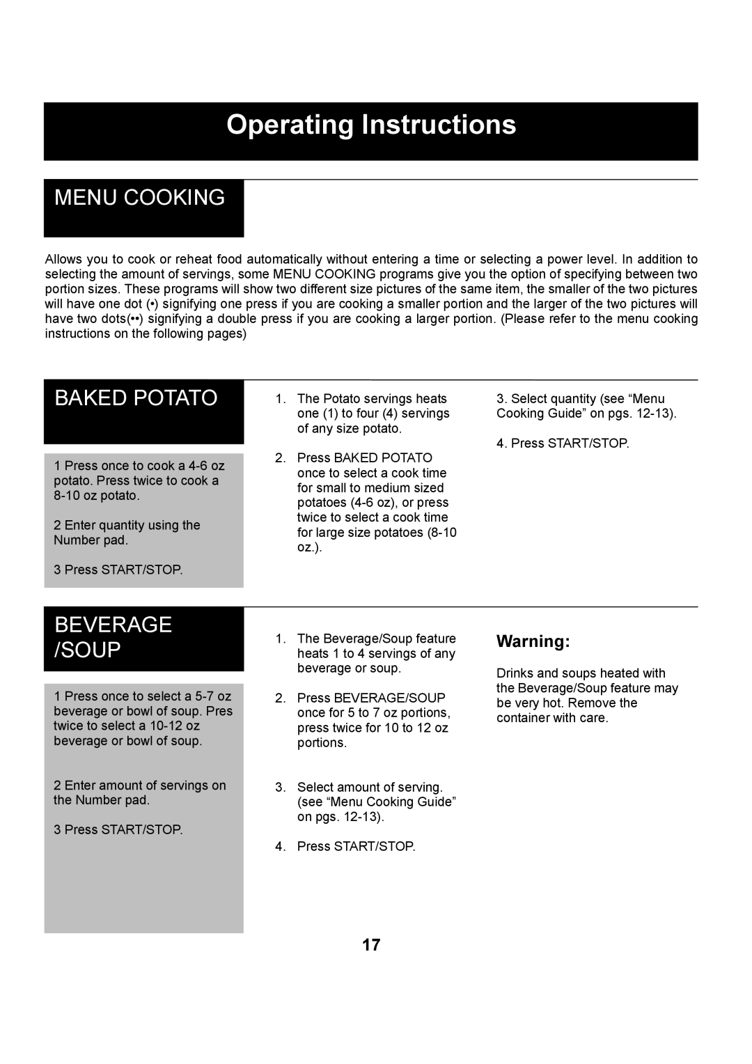 Danby DMW1406W manual Menu Cooking, Baked Potato 