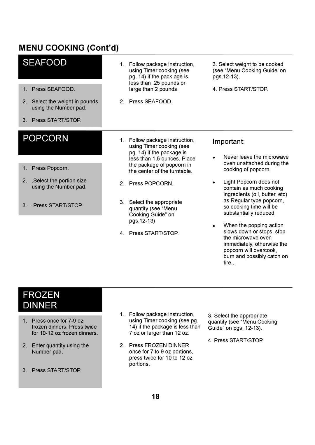 Danby DMW1406W manual Seafood, Popcorn, Frozen Dinner 