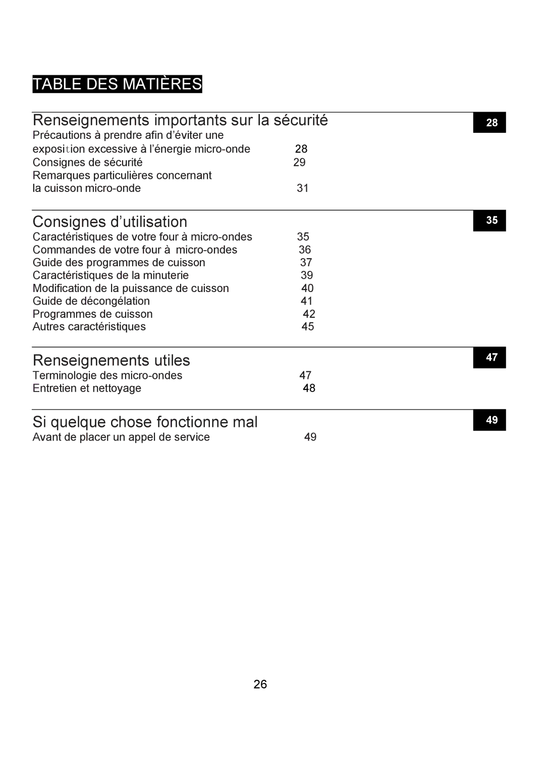 Danby DMW1406W manual Table DES Matières, Renseignements importants sur la sécurité 