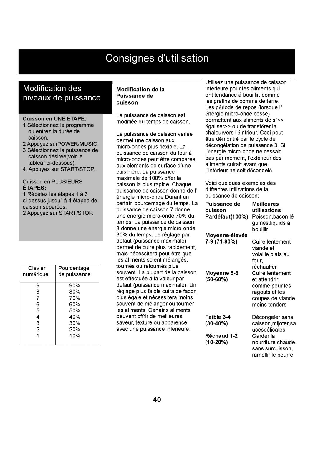 Danby DMW1406W Cuisson en UNE Étape, Modification de la Puissance de cuisson, Puissance de Meilleures Cuisson Utilisations 