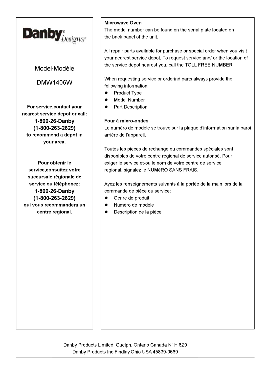 Danby DMW1406W manual For service,contact your Nearest service depot or call, Four à micro-ondes 
