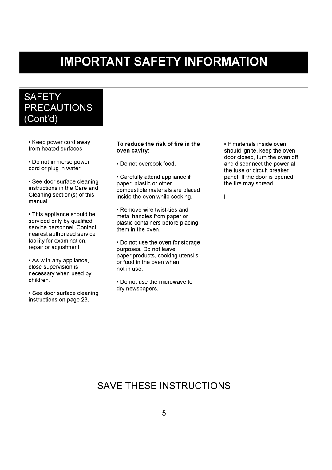 Danby DMW1406W manual Safety Precautions Cont’d, To reduce the risk of fire in the oven cavity 