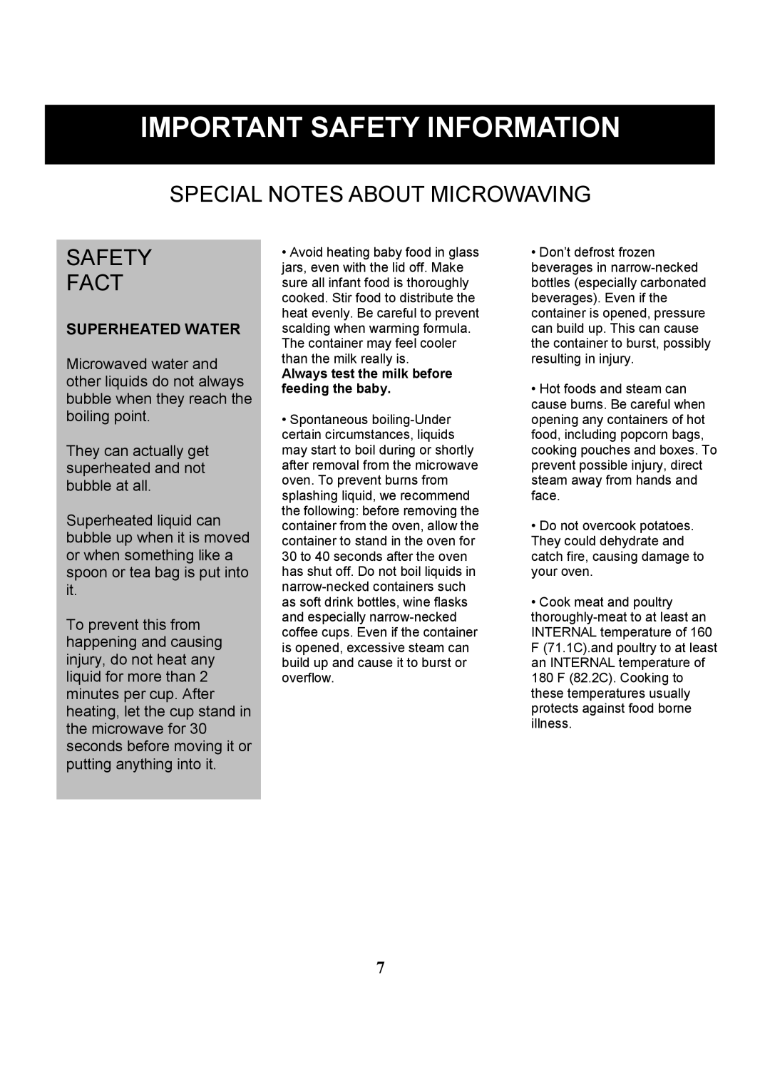 Danby DMW1406W manual Special Notes about Microwaving Safety Fact, Always test the milk before feeding the baby 