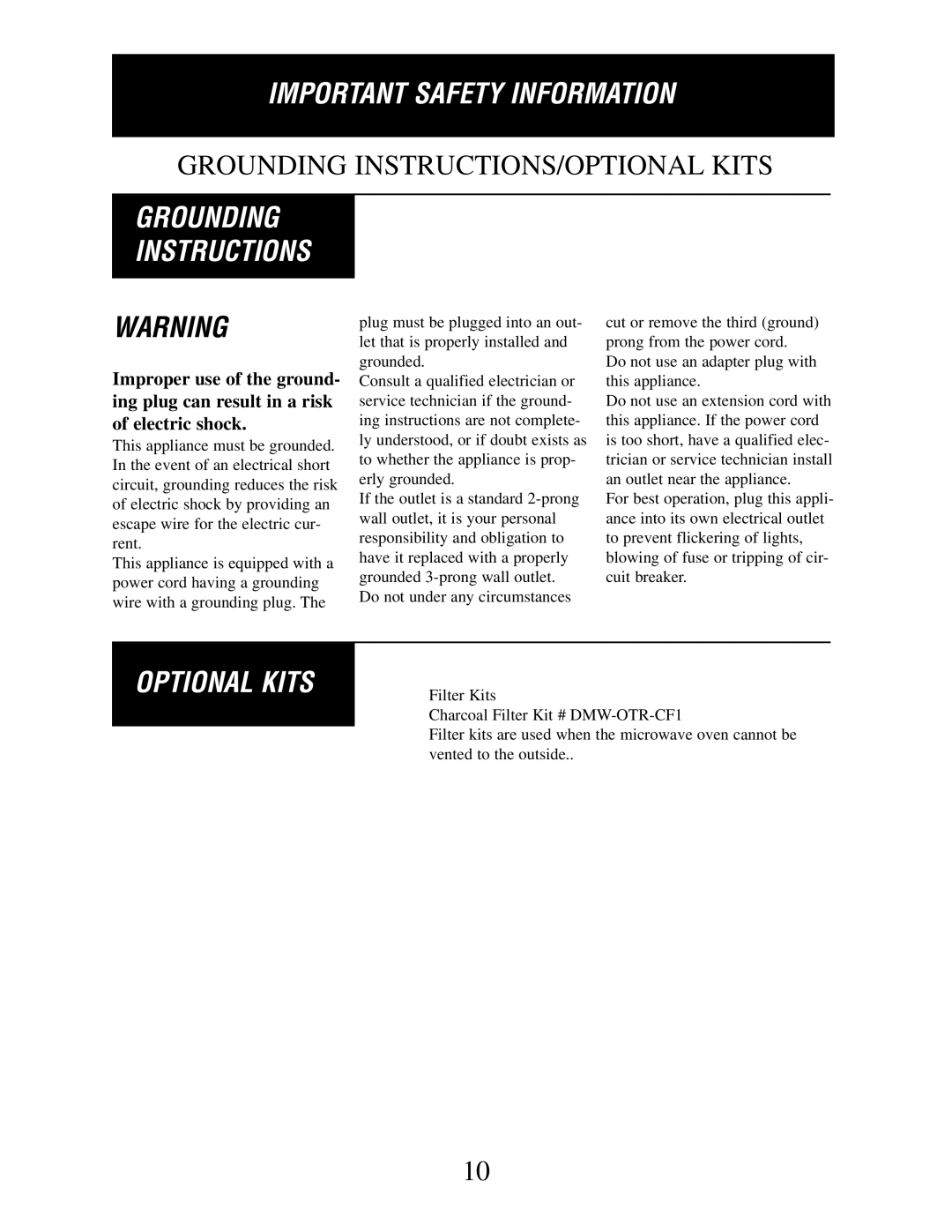 Danby DMW162BL-OTR, DMW162W-OTR owner manual Grounding INSTRUCTIONS/OPTIONAL Kits, Optional Kits 