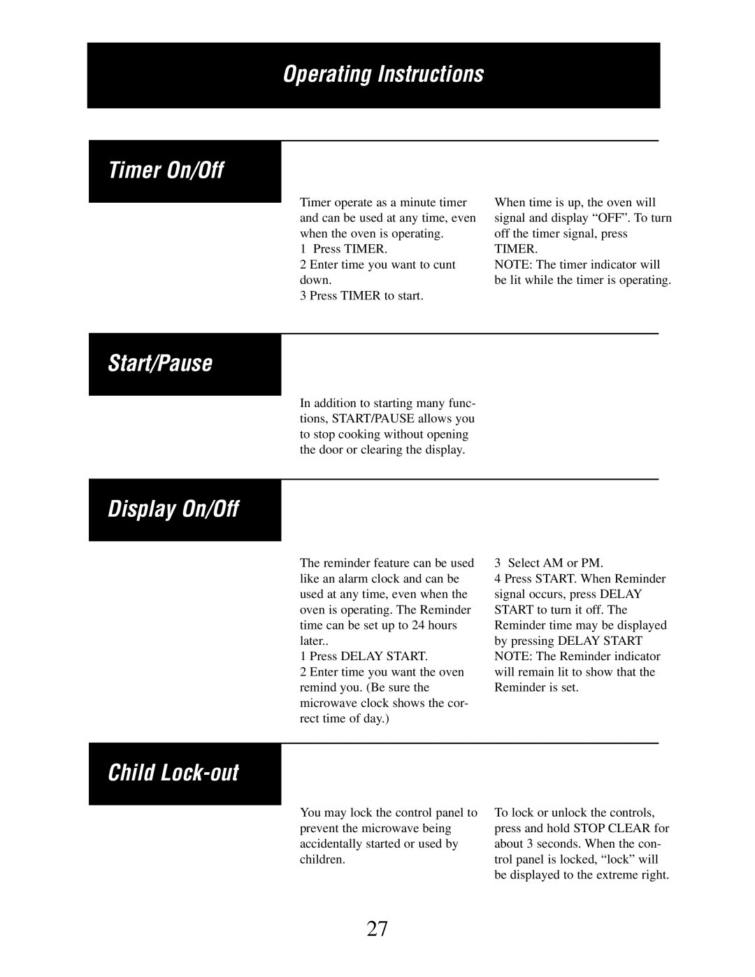 Danby DMW162W-OTR, DMW162BL-OTR owner manual Operating Instructions Timer On/Off, Start/Pause, Child Lock-out 