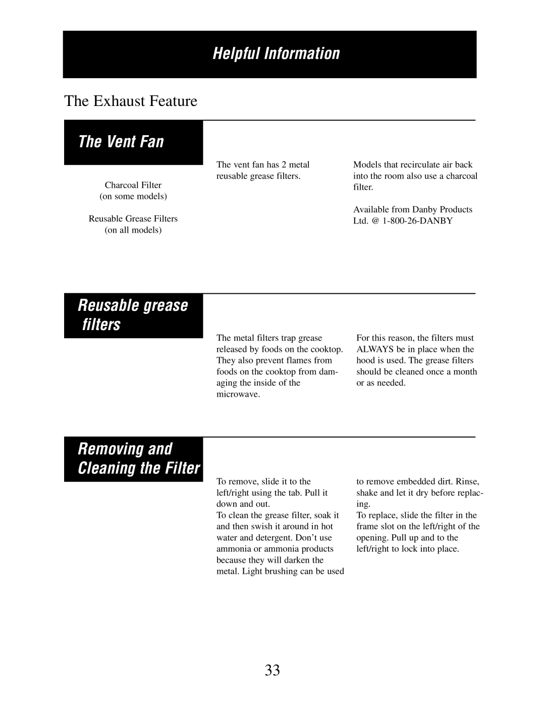 Danby DMW162W-OTR, DMW162BL-OTR owner manual Helpful Information, Reusable grease filters, Removing Cleaning the Filter 