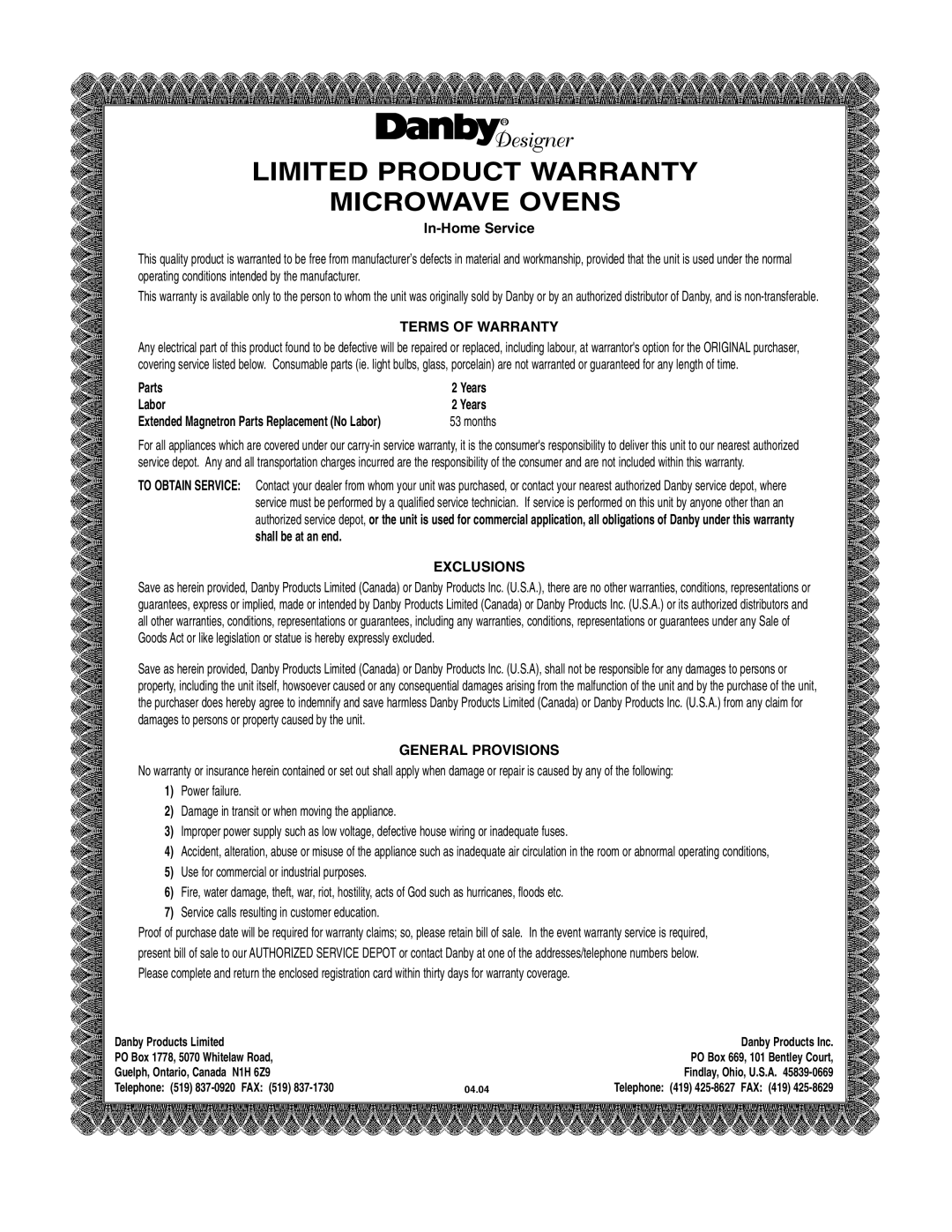 Danby DMW162W-OTR, DMW162BL-OTR owner manual Limited Product Warranty Microwave Ovens 