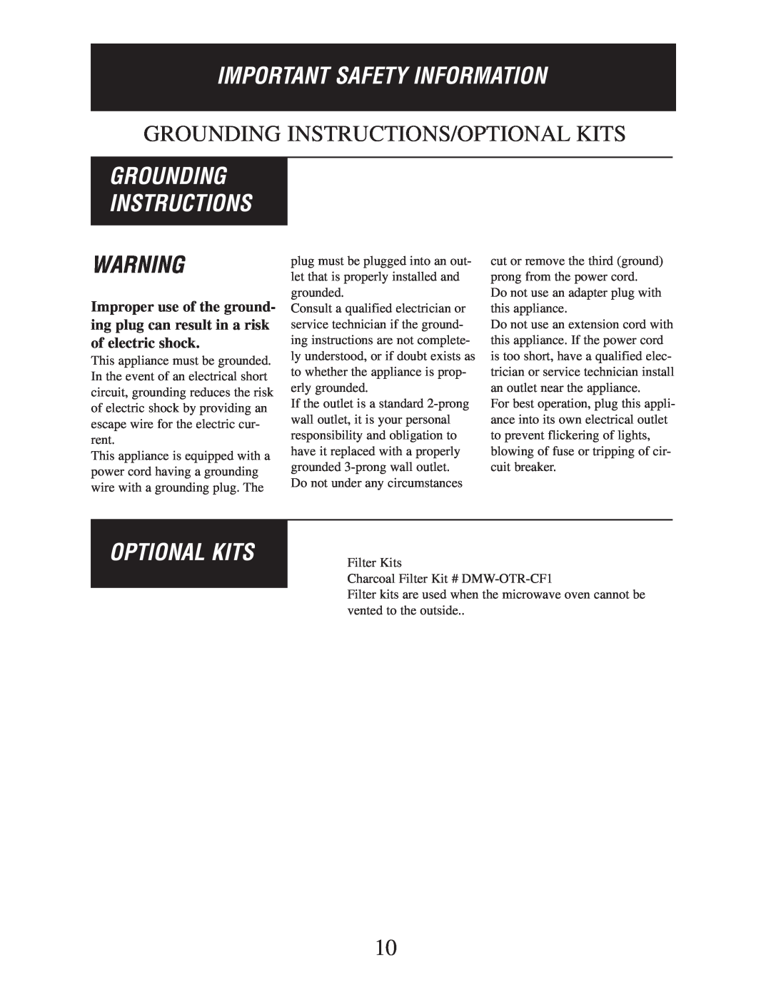 Danby DMW162BL-OTR, DMW162W-OTR owner manual Grounding Instructions/Optional Kits, Important Safety Information 