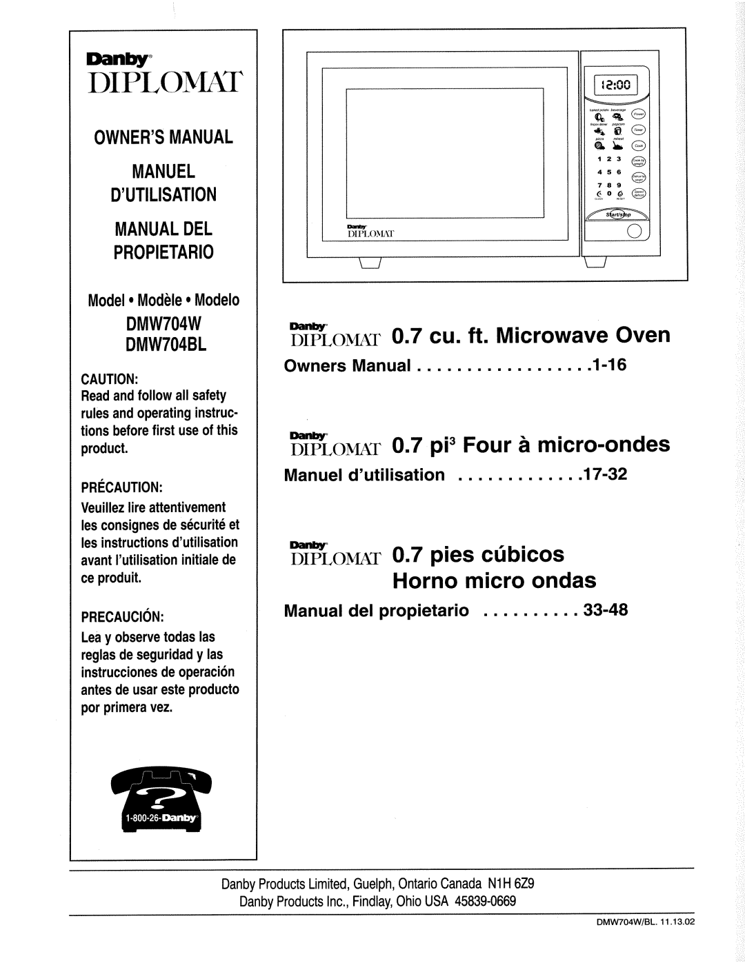 Danby DMW704W, DMW704BL manual 