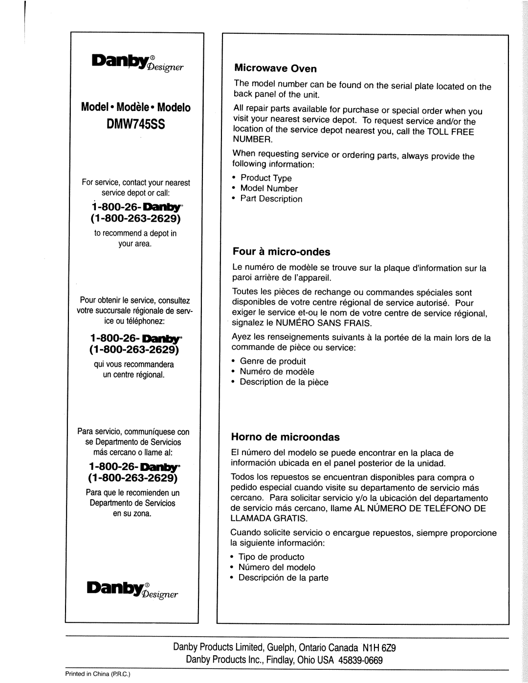 Danby DMW745SS manual 