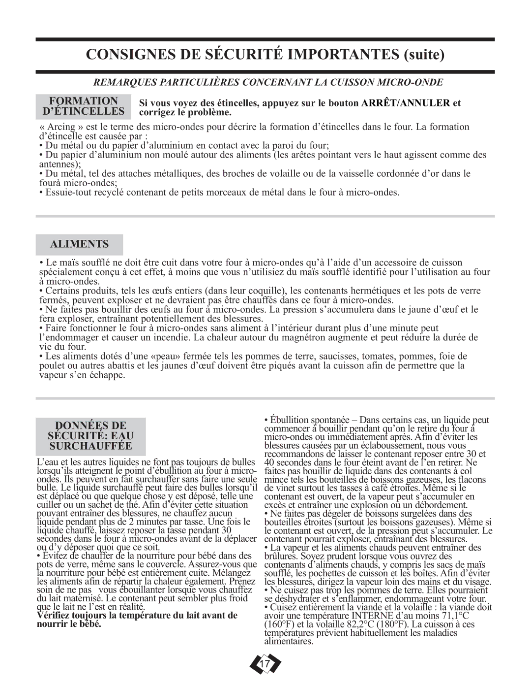 Danby DMW749SS warranty Formation, ’Étincelles, Aliments, Données DE Sécurité EAU Surchauffée, Corrigez le problème 