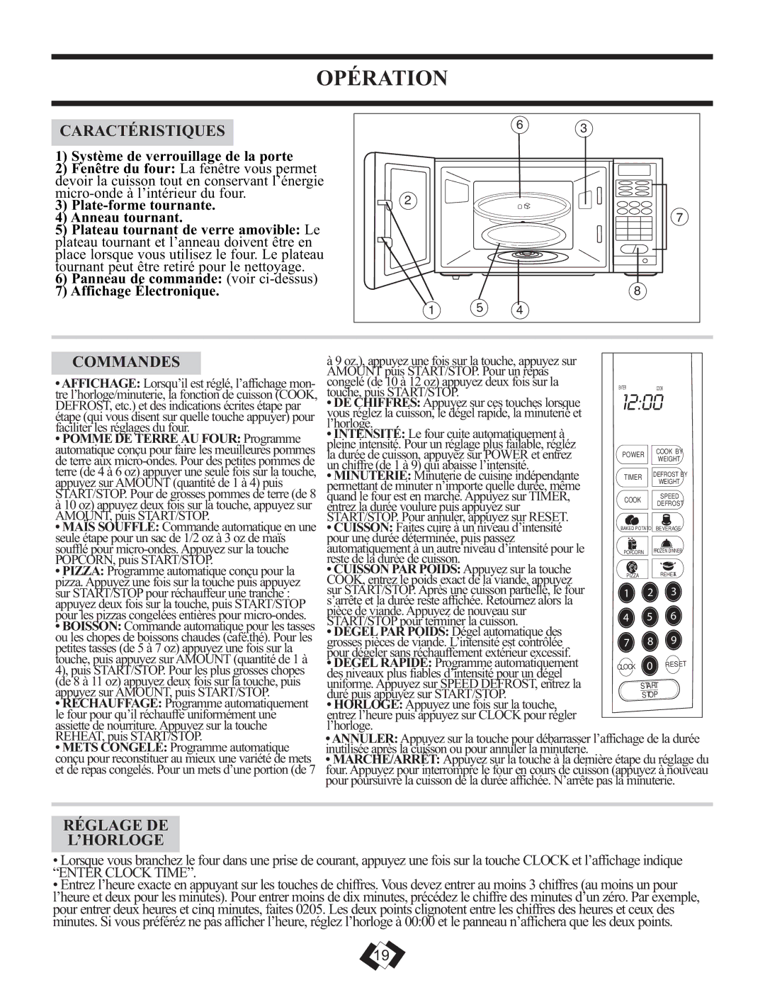 Danby DMW749SS warranty Opération, Caractéristiques, Commandes, Réglage DE ’HORLOGE 