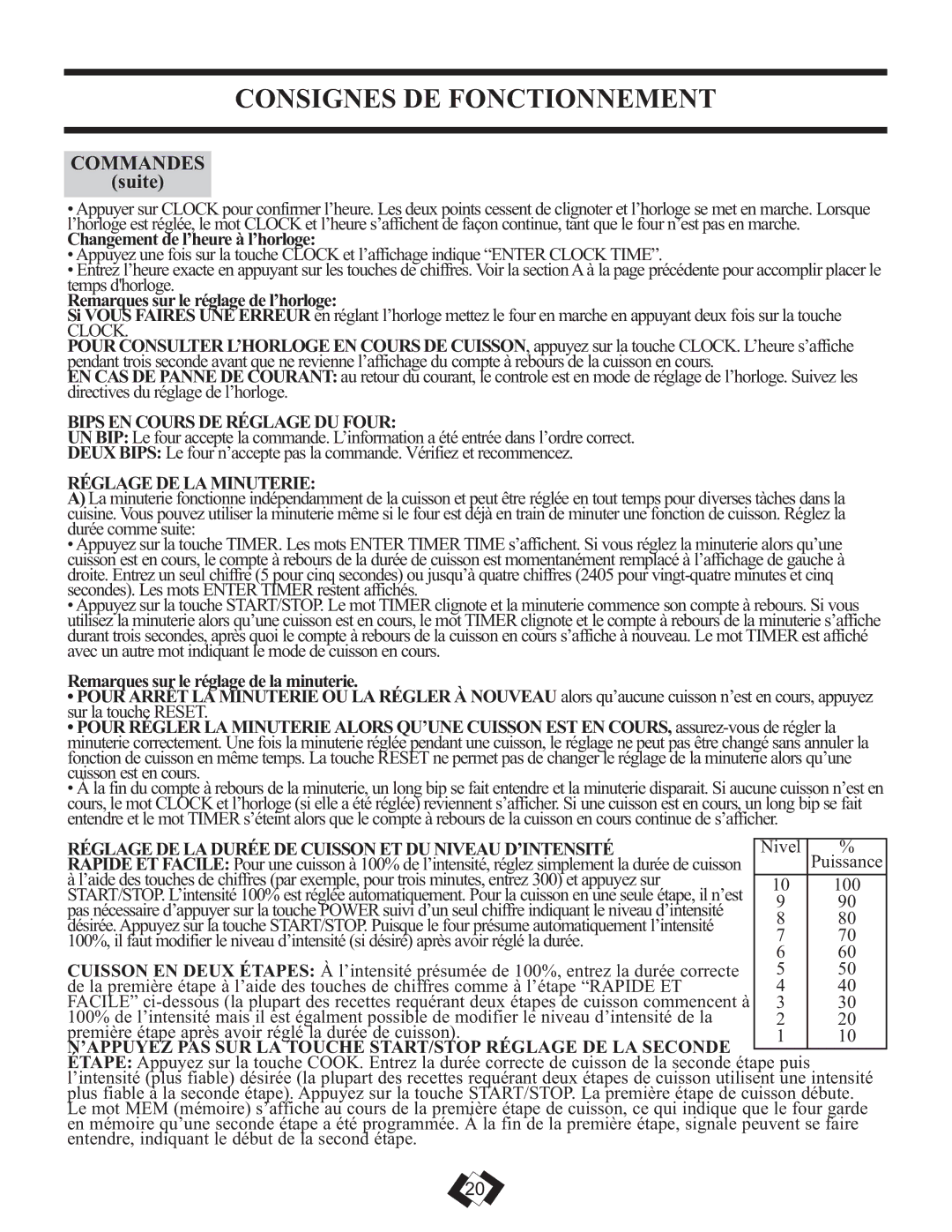 Danby DMW749SS warranty Consignes DE Fonctionnement, Suite, Bipsencoursderéglagedufour, Réglagedelaminuterie 