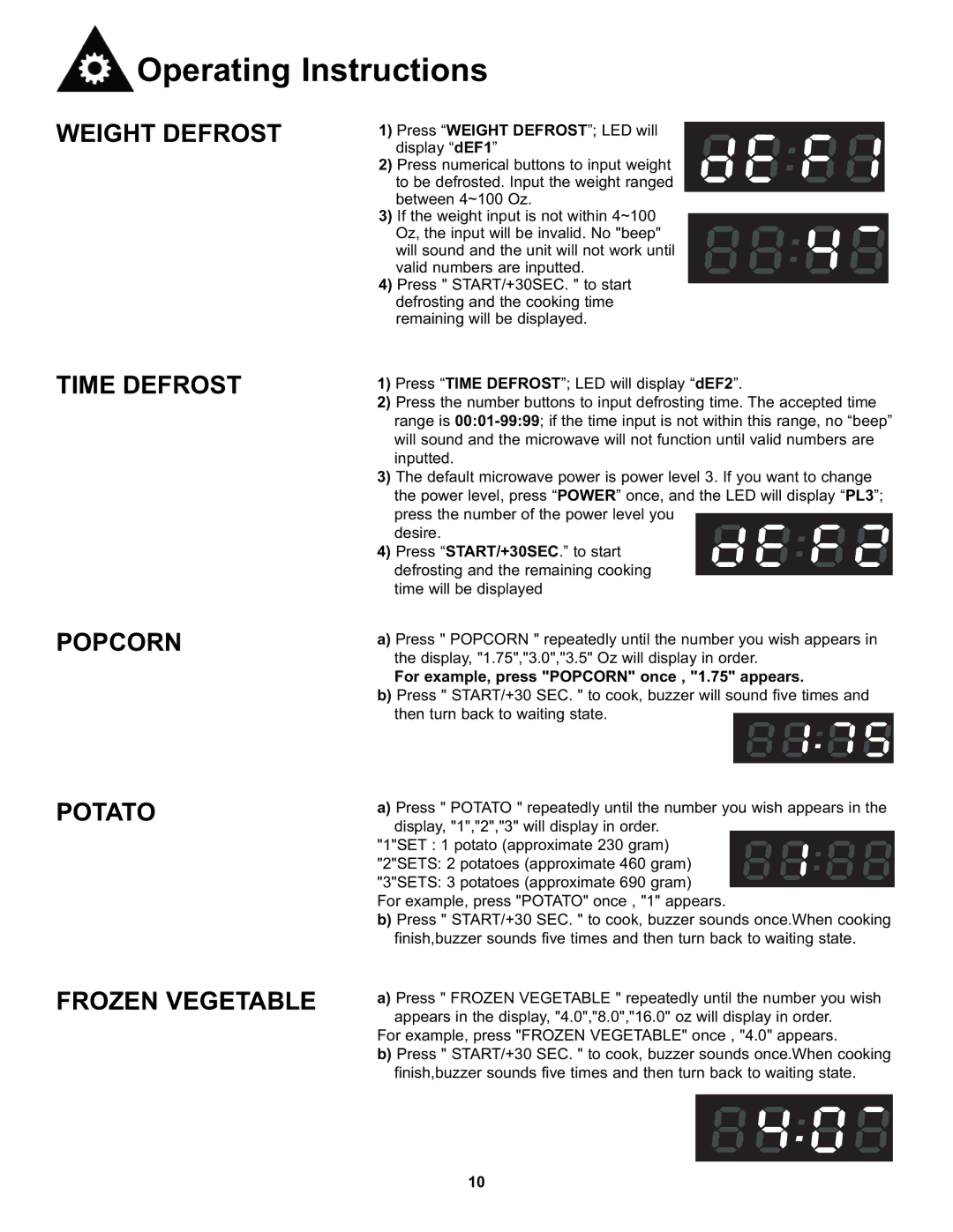 Danby DMW7700WDB, DMW7700BLDB manual Weight Defrost, Time Defrost Popcorn Potato Frozen Vegetable 