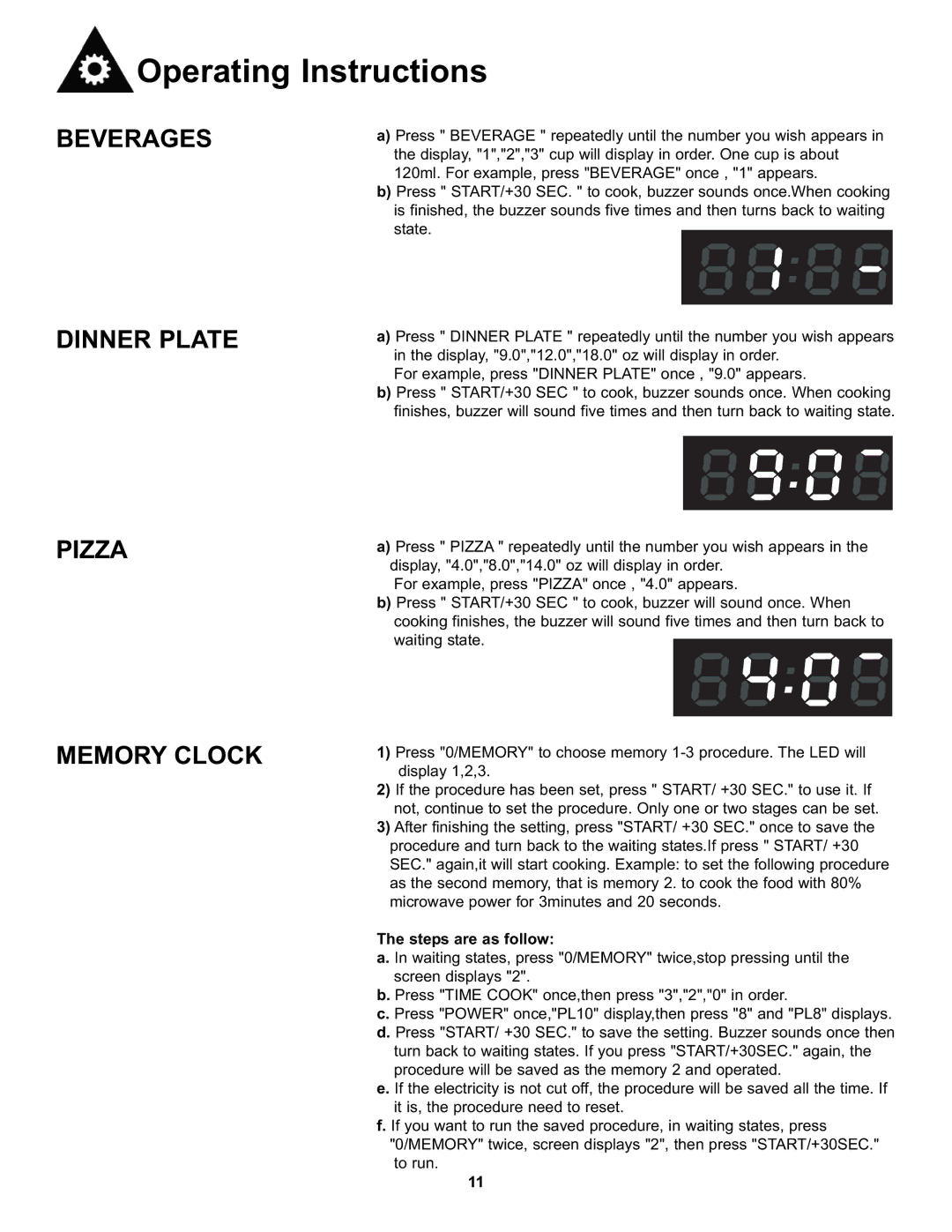 Danby DMW7700BLDB, DMW7700WDB manual Beverages Dinner Plate Pizza Memory Clock, Steps are as follow 