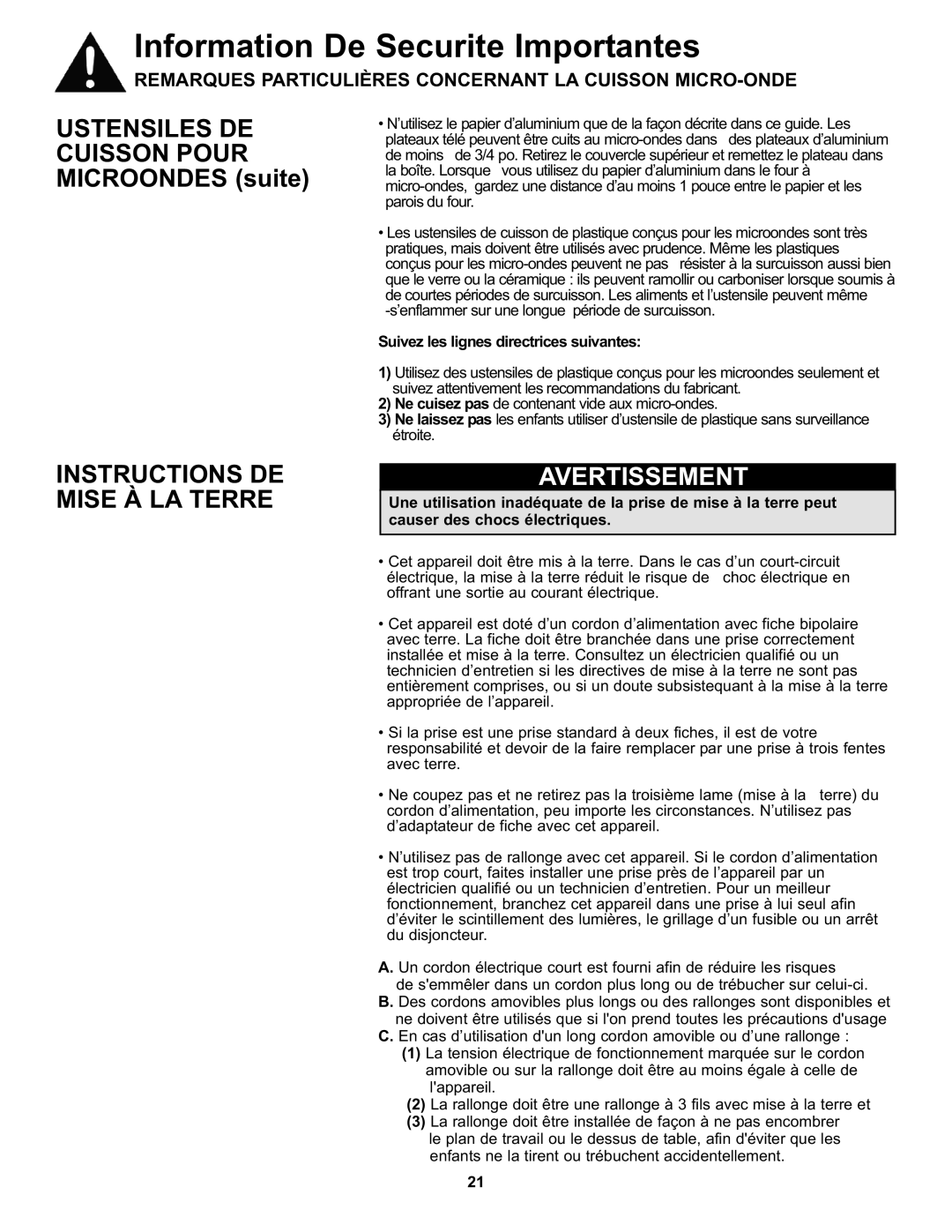 Danby DMW7700BLDB, DMW7700WDB manual Instructions DE Mise À LA Terre, Suivez les lignes directrices suivantes 