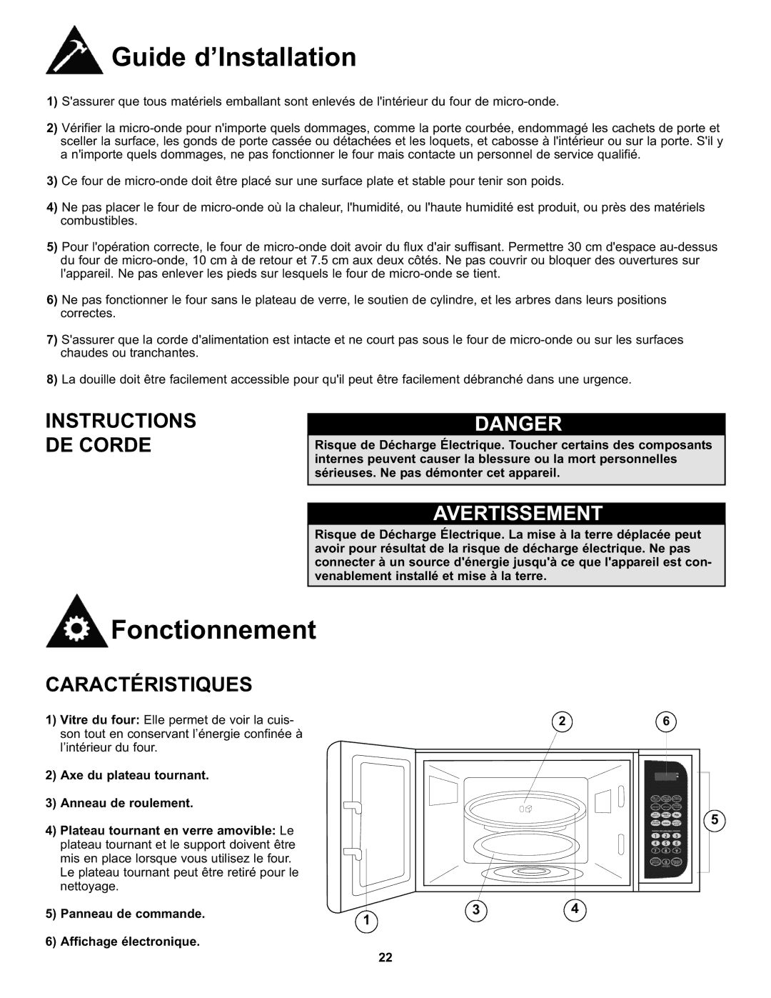 Danby DMW7700WDB, DMW7700BLDB manual Guide d’Installation, Fonctionnement, Instructions DE Corde, Caractéristiques 