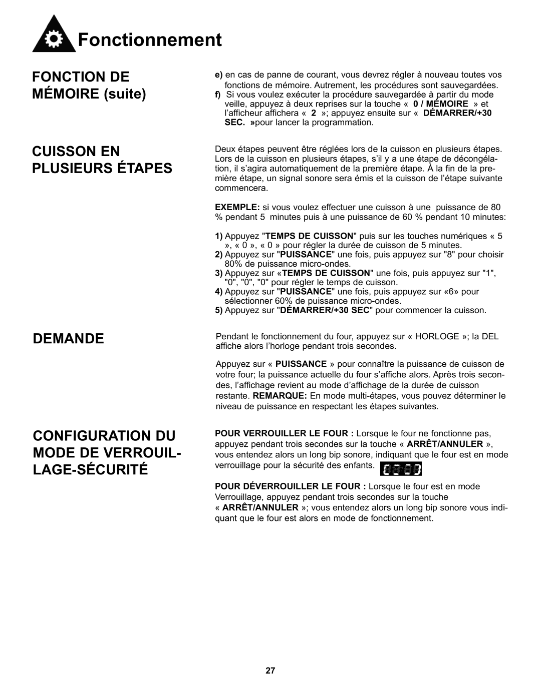 Danby DMW7700BLDB, DMW7700WDB manual Fonction DE Mémoire suite 