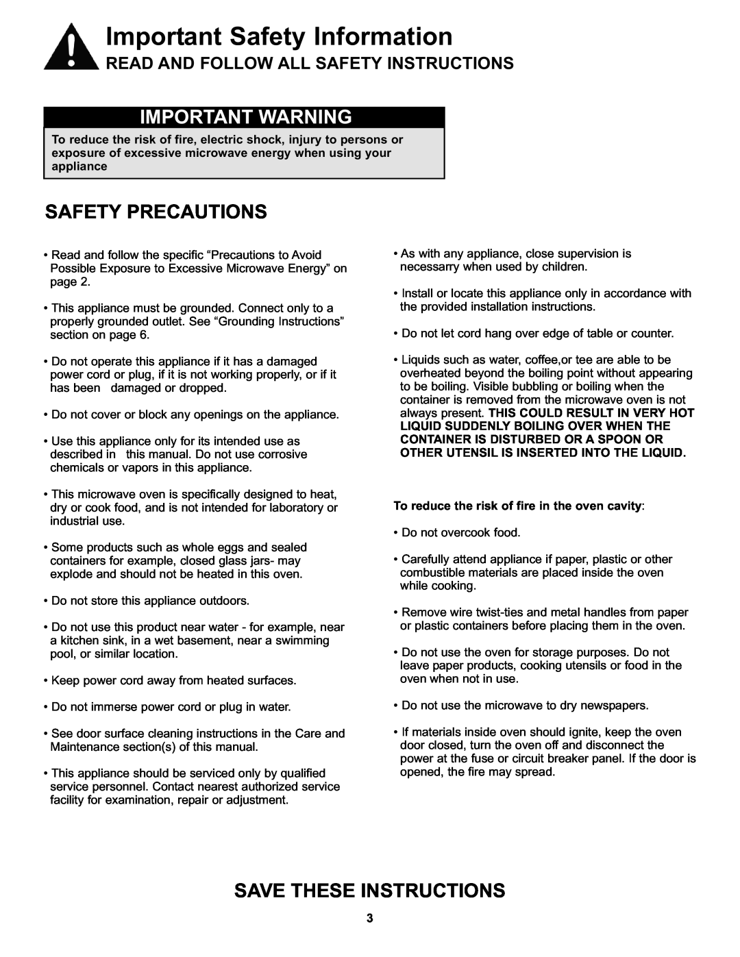 Danby DMW7700BLDB, DMW7700WDB Important Warning, Safety Precautions, Important Safety Information, Save These Instructions 