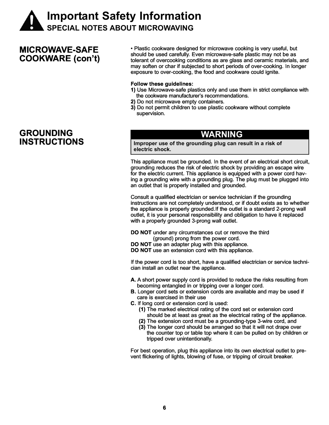 Danby DMW7700WDB, DMW7700BLDB manual MICROWAVE-SAFECOOKWARE con’t, Grounding Instructions, Important Safety Information 