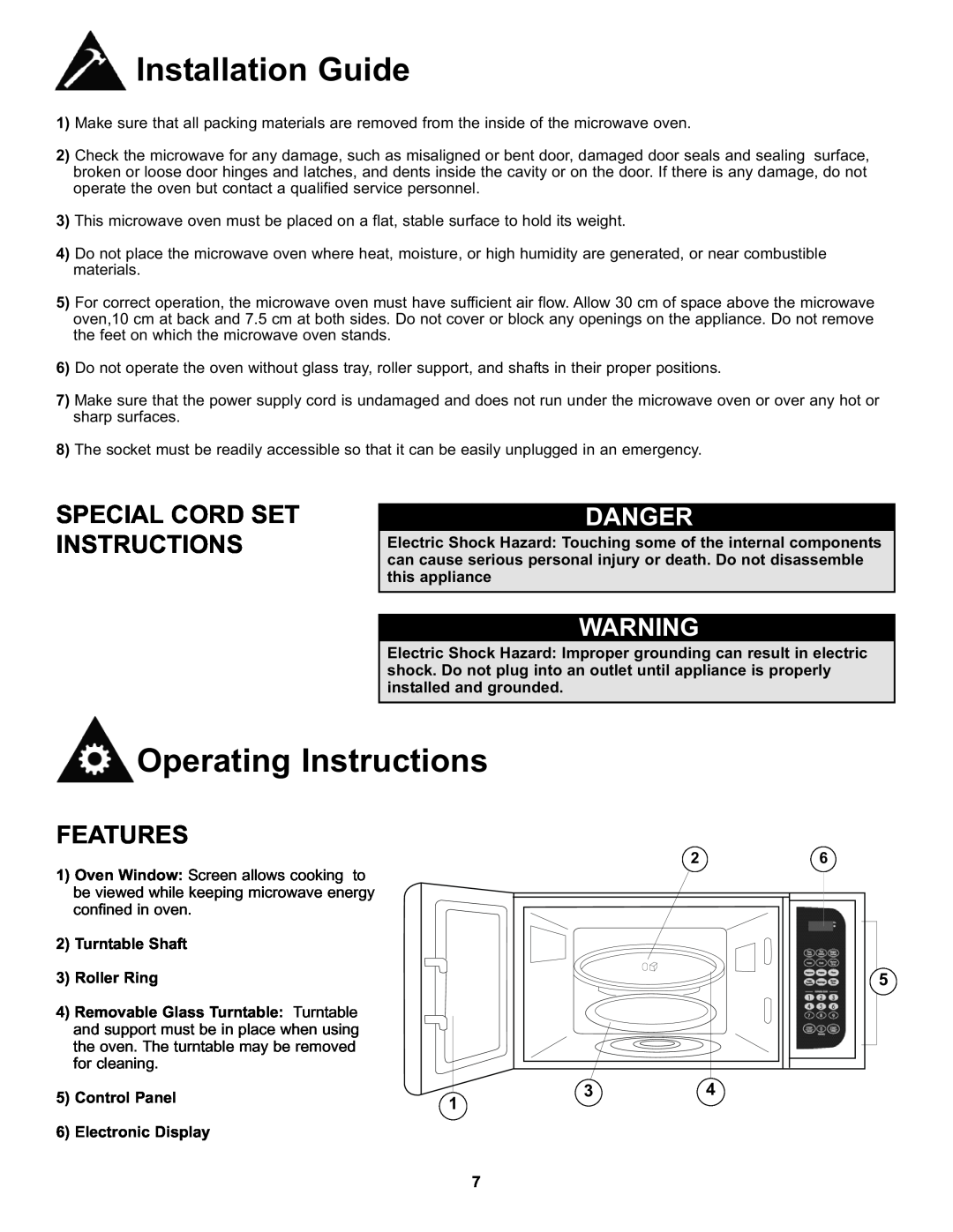 Danby DMW7700BLDB, DMW7700WDB Installation Guide, Operating Instructions, Special Cord Set Instructions, Danger, Features 