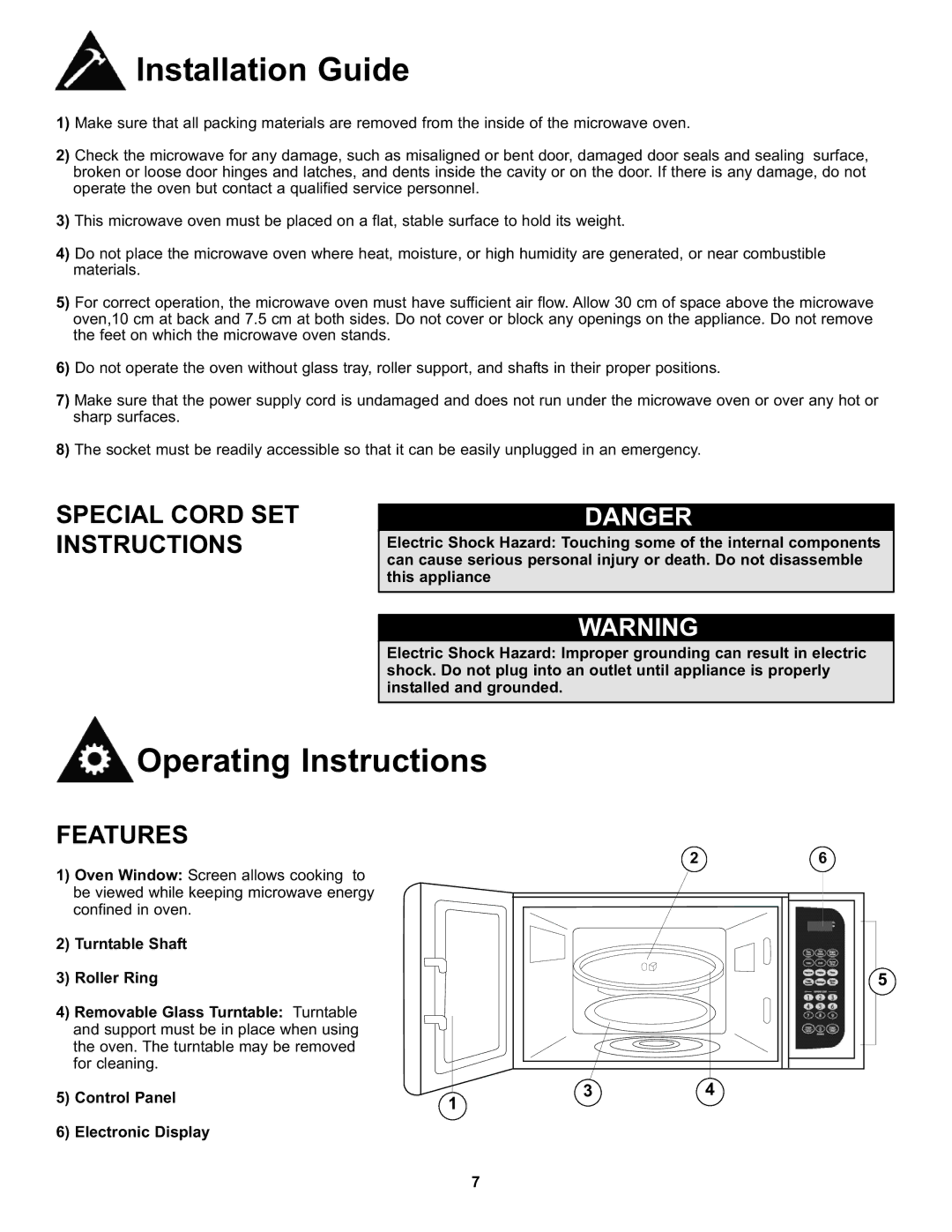 Danby DMW7700WDB manual Installation Guide, Operating Instructions, Special Cord SET Instructions, Features 