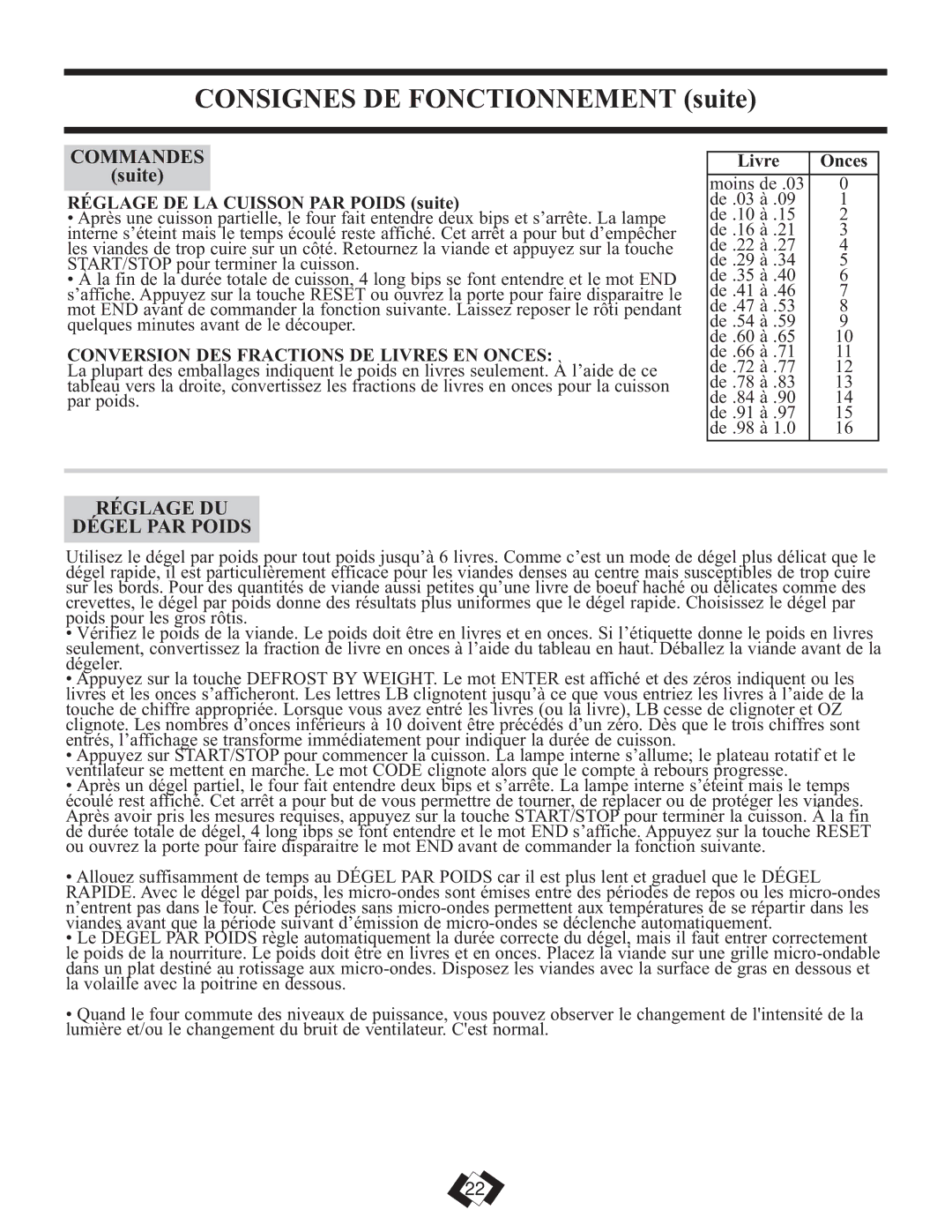 Danby DMW799W, DMW799BL Réglage DU Dégel PAR Poids, Réglage DE LA Cuisson PAR Poids suite, Livre Onces 