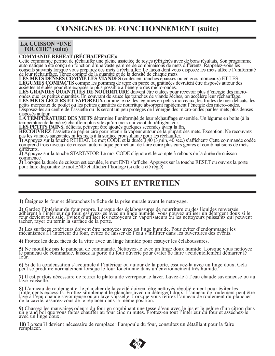 Danby DMW799BL, DMW799W operating instructions Soins ET Entretien, Commande Reheat Réchauffage 