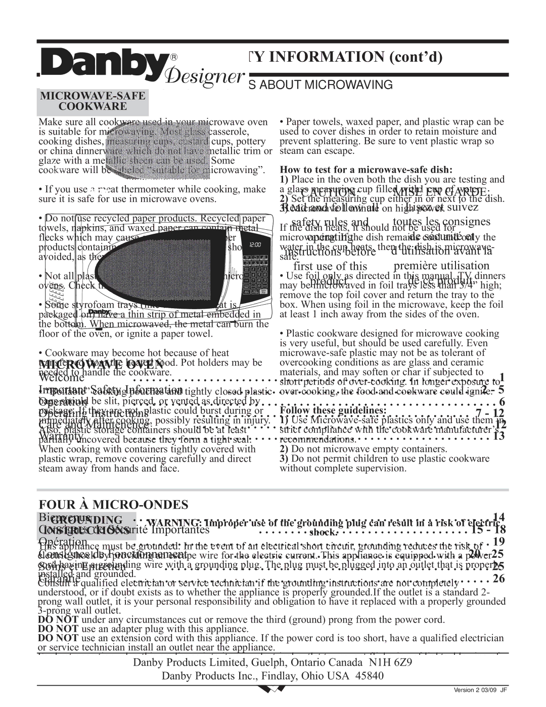 Danby DMW799W, DMW799BL MICROWAVE-SAFE Cookware, Grounding Instructions, How to test for a microwave-safe dish 