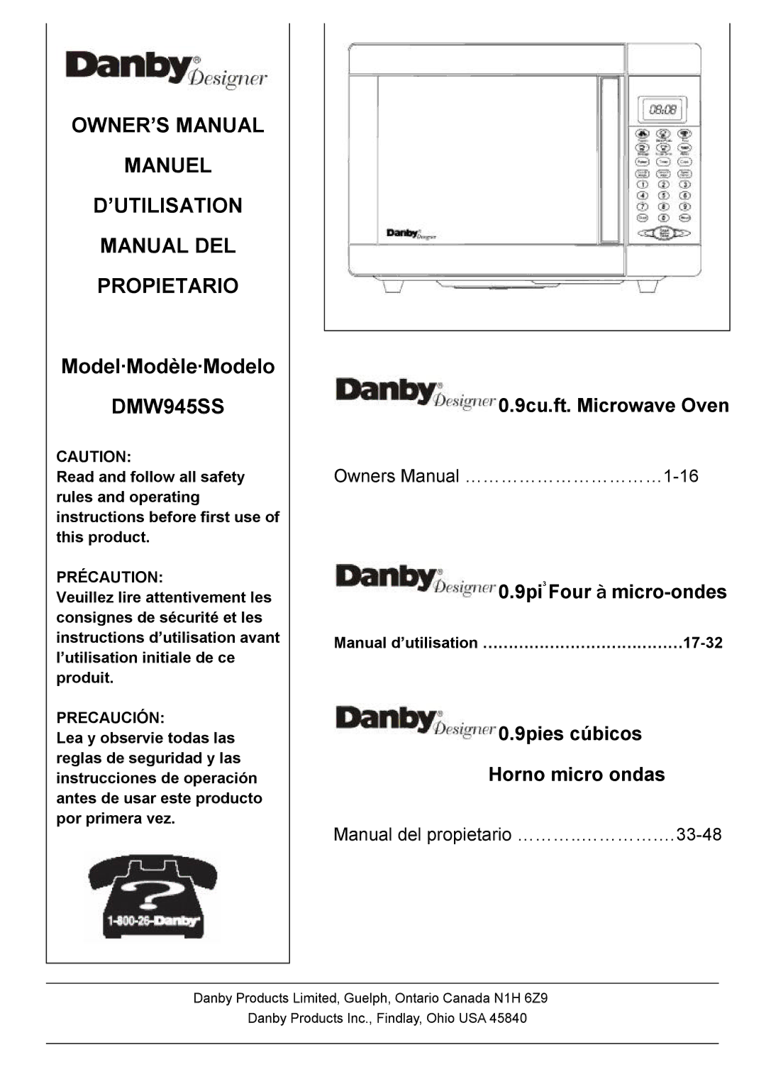 Danby DMW945SS owner manual Manuel ’UTILISATION Manual DEL Propietario 