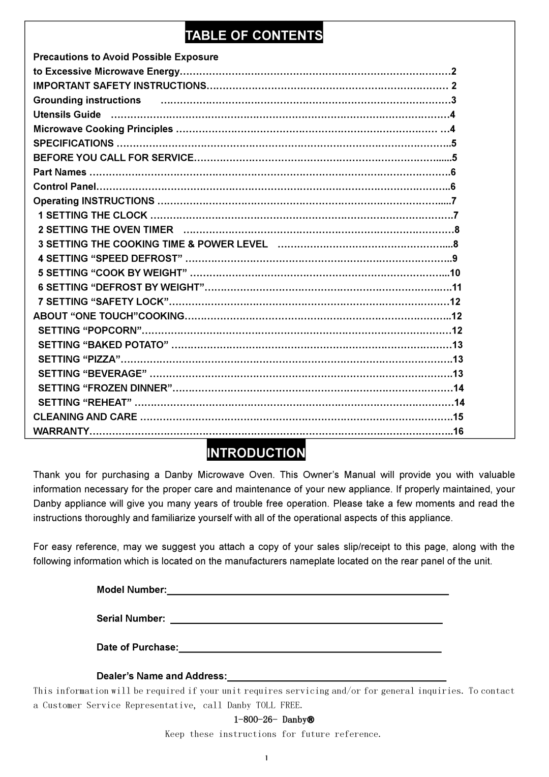 Danby DMW945SS owner manual Table of Contents 