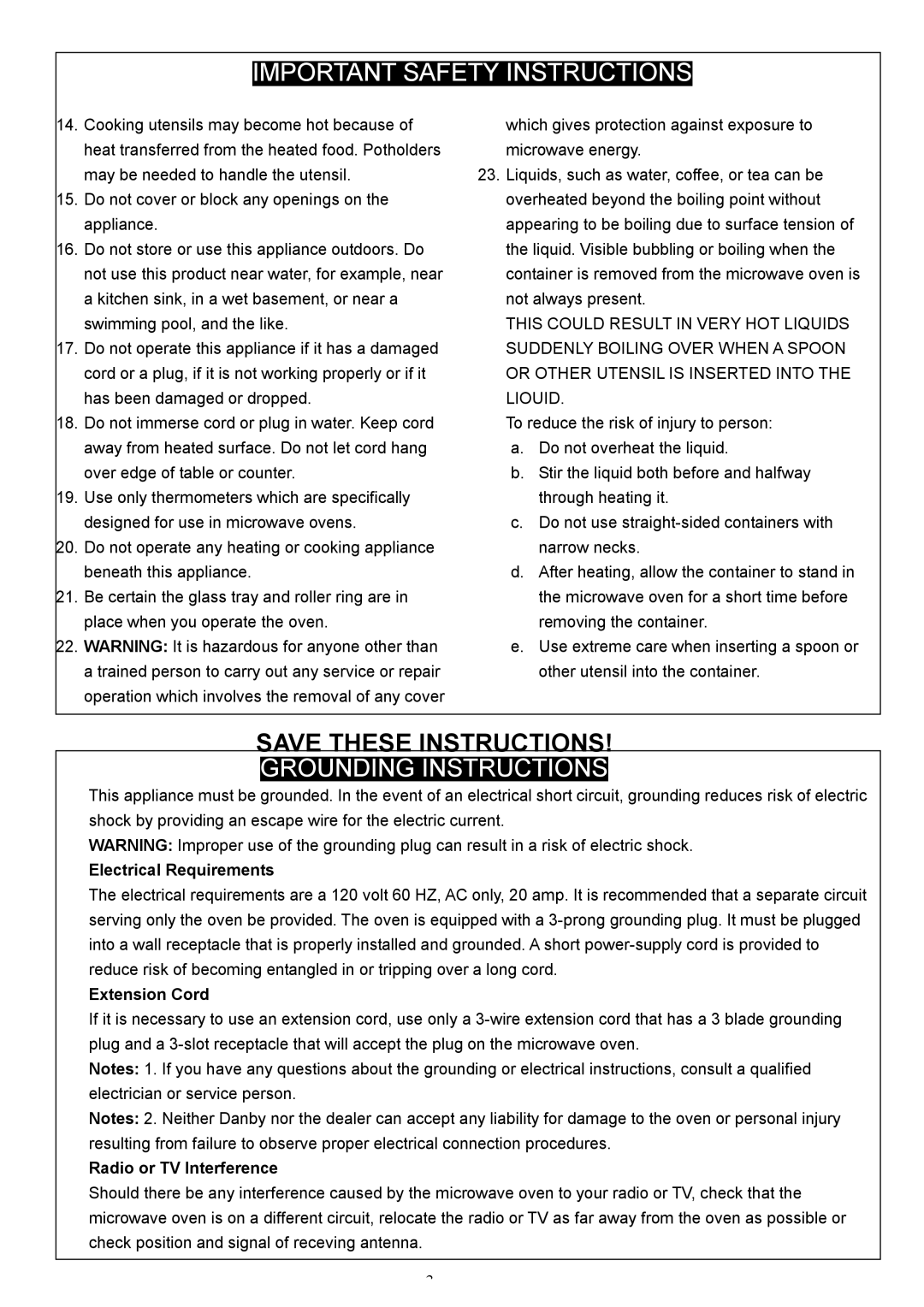 Danby DMW945SS owner manual Grounding Instructions, Electrical Requirements, Extension Cord, Radio or TV Interference 