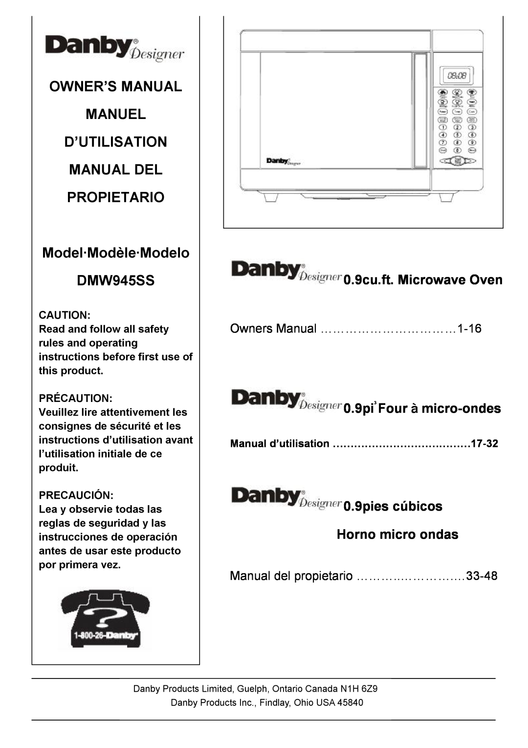 Danby owner manual Model·Modèle·Modelo DMW945SS, Manual del propietario ………..………….…33-48, 0.9cu.ft. Microwave Oven 