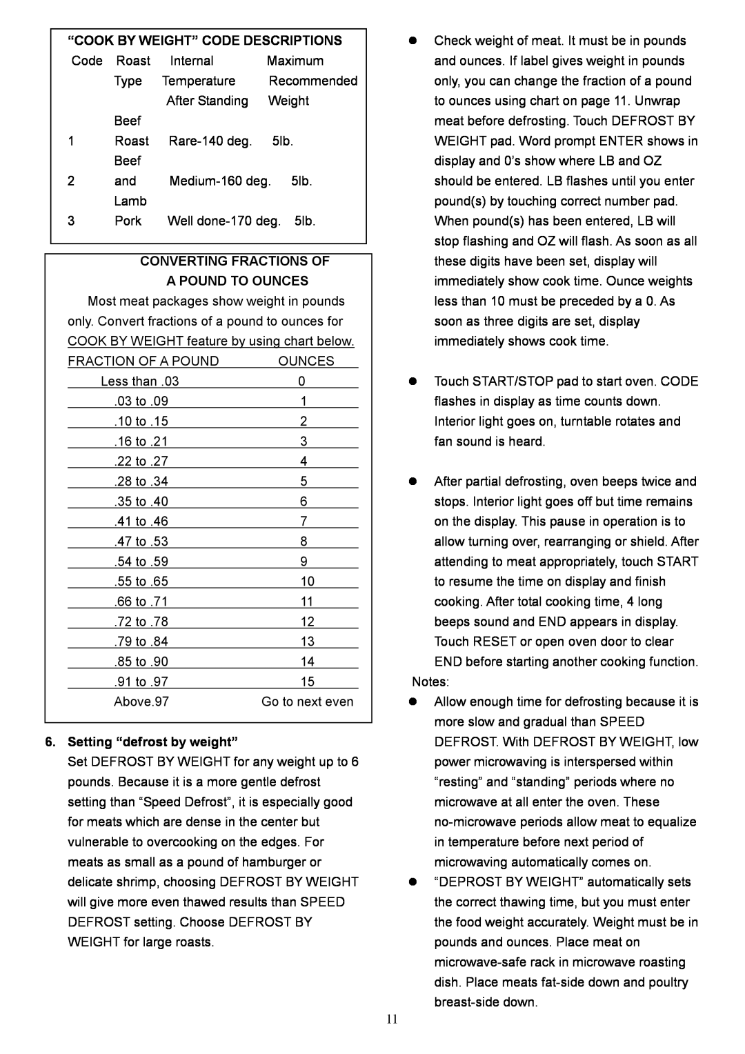 Danby DMW945SS owner manual “Cook By Weight” Code Descriptions, Converting Fractions Of, Setting “defrost by weight” 