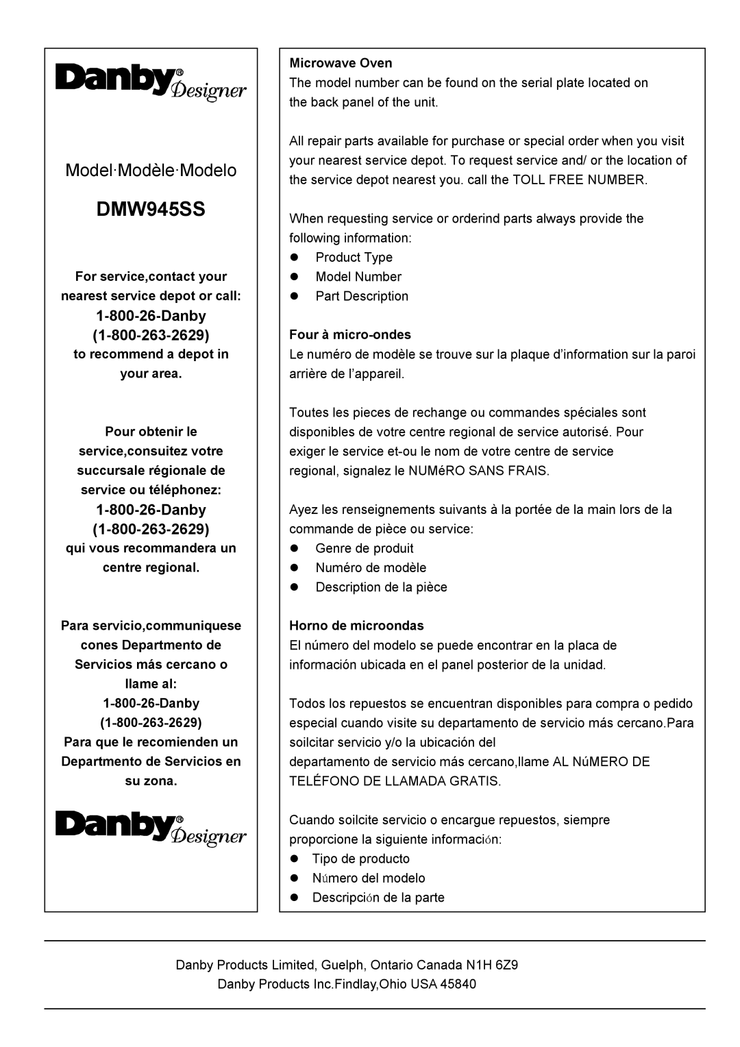 Danby DMW945SS owner manual Model·Modèle·Modelo 
