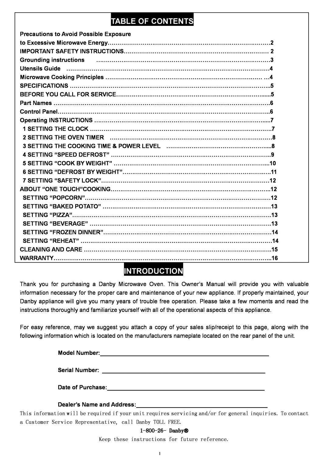Danby DMW945SS owner manual Table Of Contents, Introduction, Danby Keep these instructions for future reference 