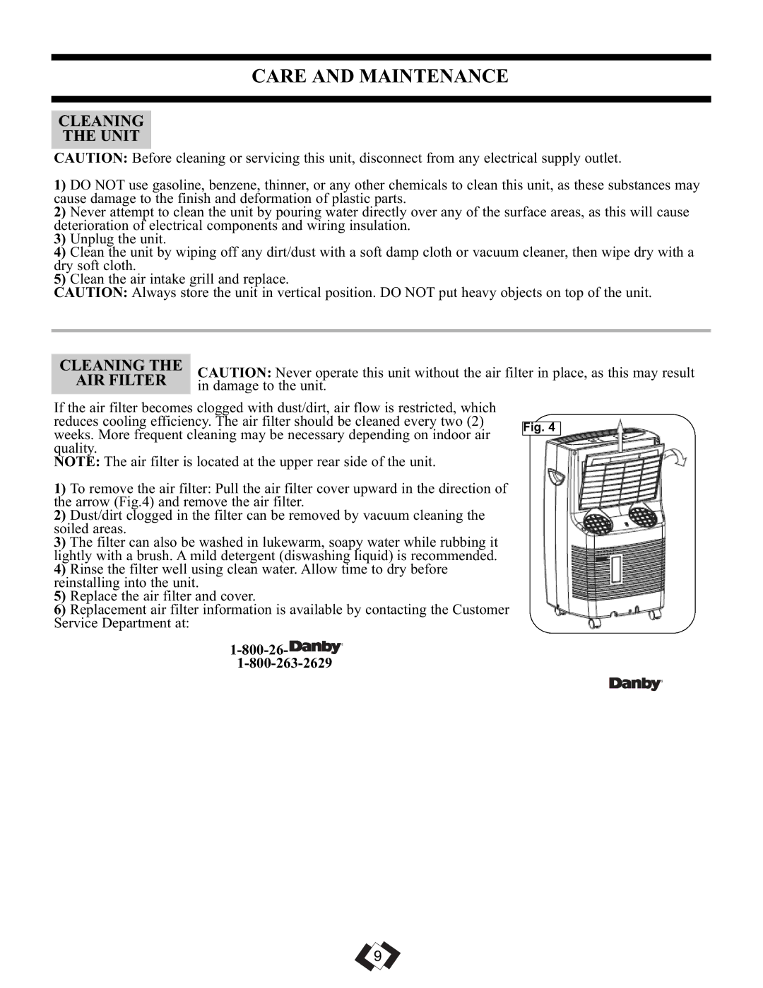 Danby DPAC 11010 manual Care and Maintenance, Cleaning Unit, Cleaning AIR Filter, Damage to the unit, 800-26 