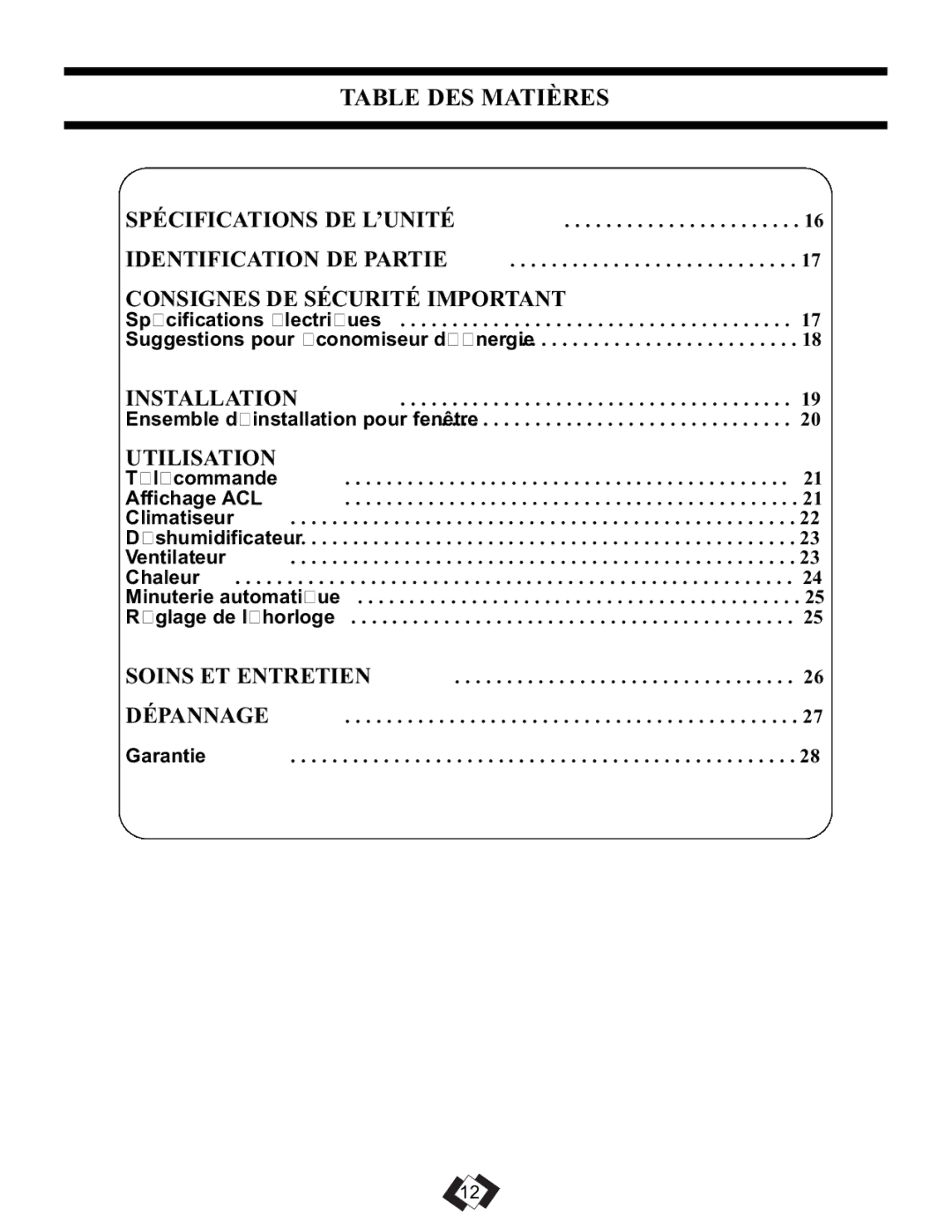 Danby DPAC 11010 Table DES Matières, Spécifications DE L’UNITÉ Identification DE Partie, Soins ET Entretien Dépannage 