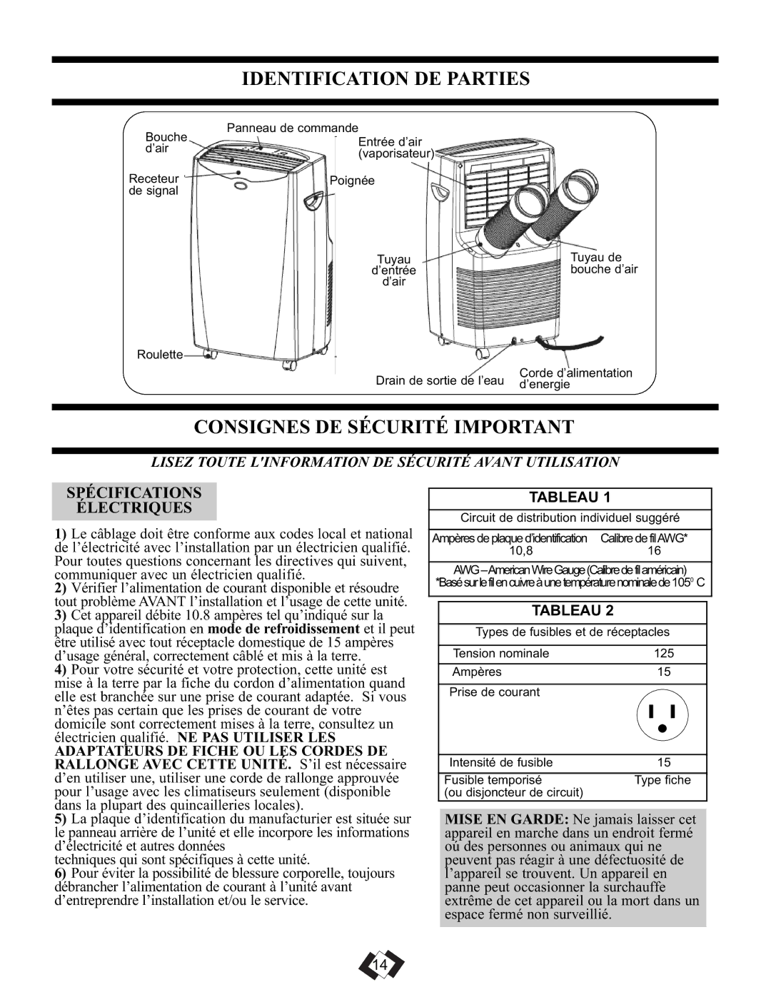 Danby DPAC 11010 manual Identification DE Parties, Consignes DE Sécurité Important, Spécifications Électriques 