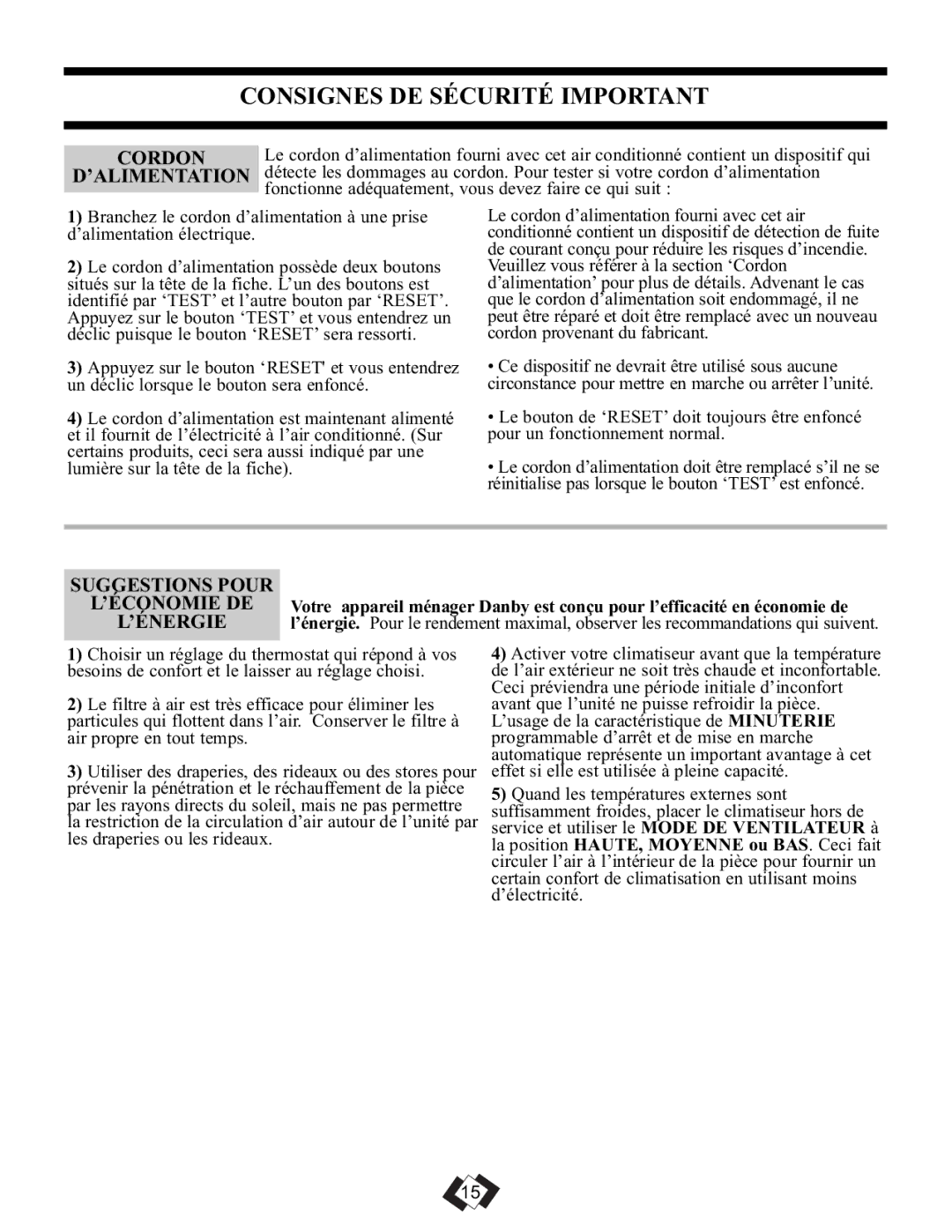 Danby DPAC 11010 manual Cordon, ’Alimentation, Suggestions Pour ’ÉCONOMIE DE, ’Énergie 