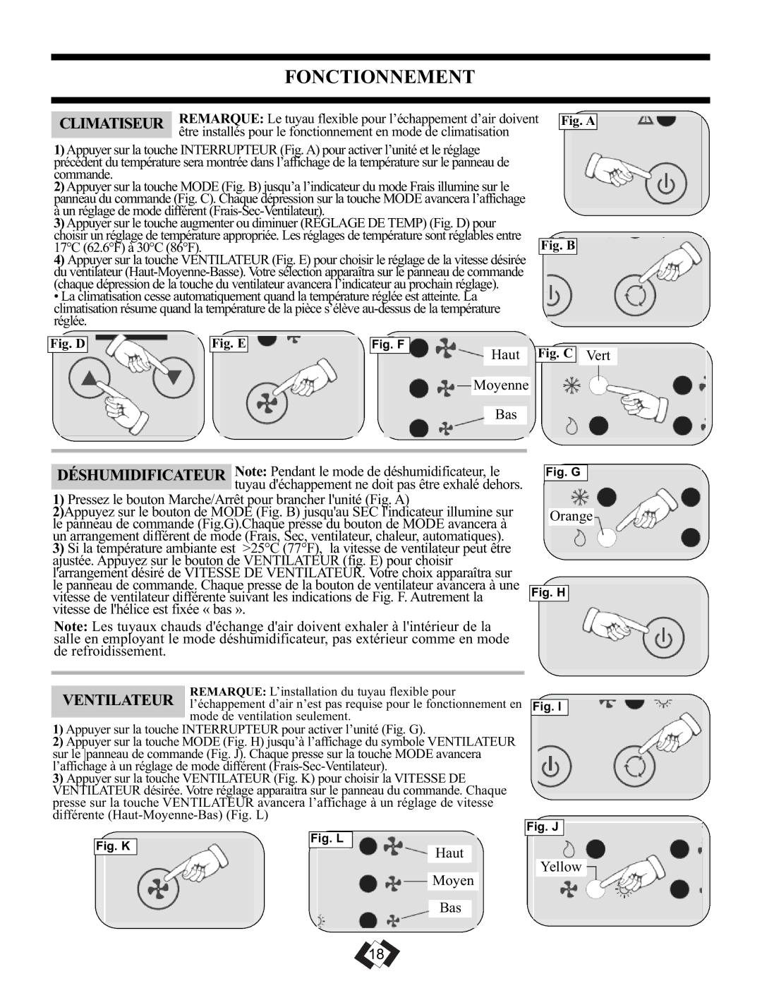 Danby DPAC 11010 manual Fonctionnement, Climatiseur, Haut 