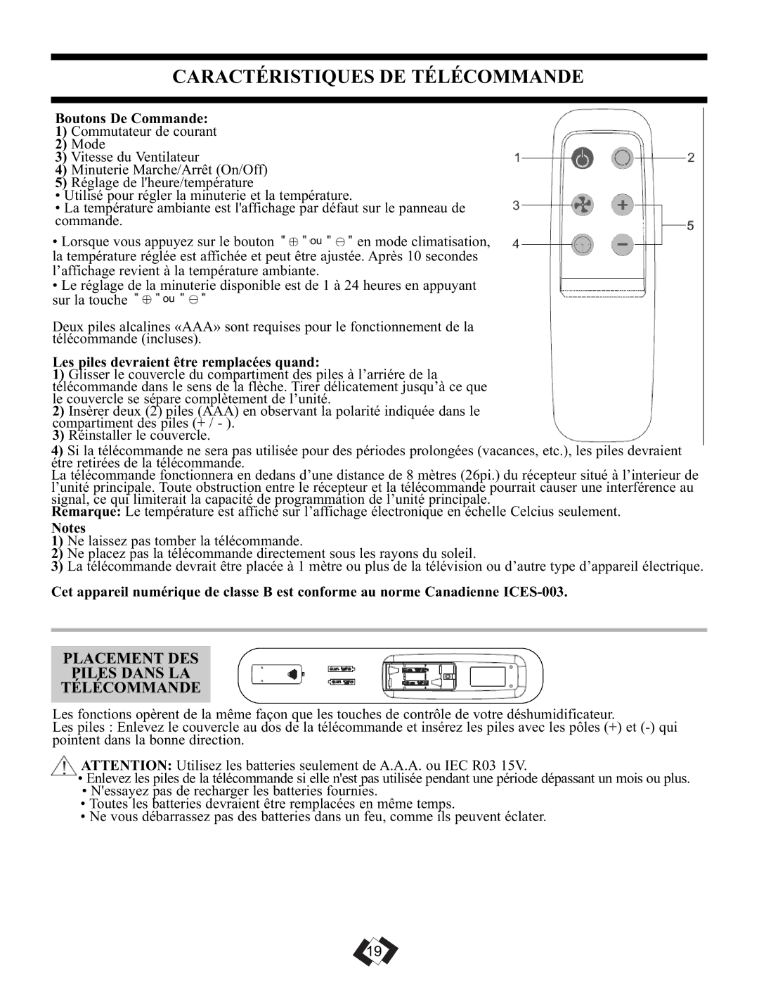 Danby DPAC 11010 manual Caractéristiques DE Télécommande, Placement DES Piles Dans LA Télécommande, Boutons De Commande 