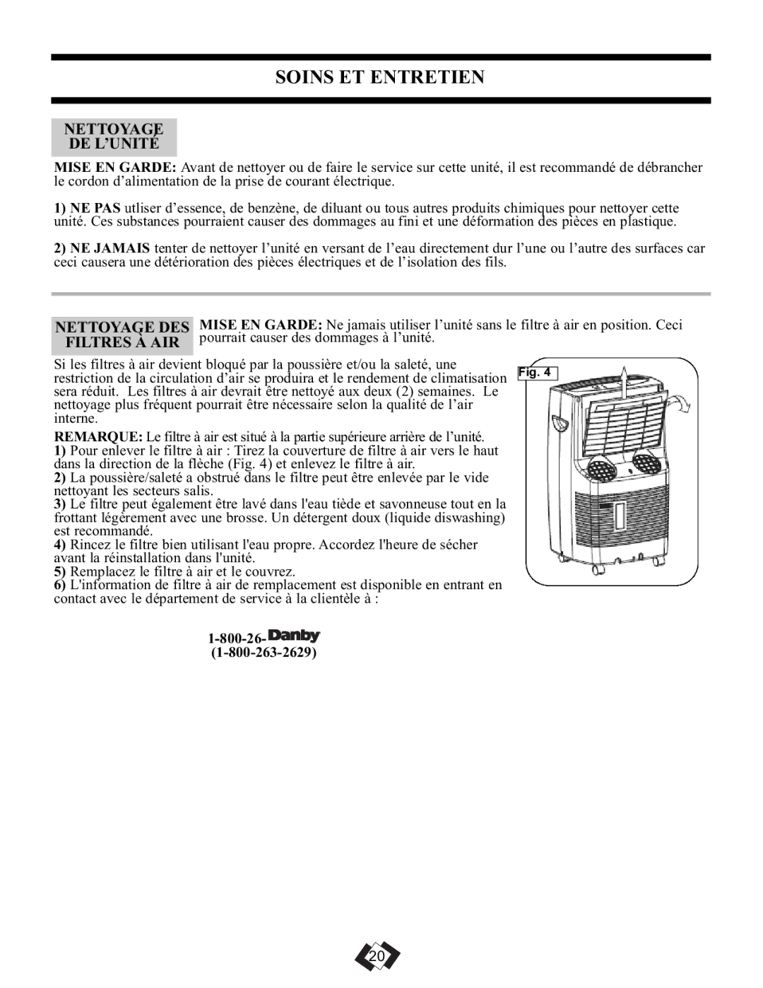 Danby DPAC 11010 manual Soins ET Entretien, Nettoyage DE L’UNITÉ, Nettoyage DES, Filtres À AIR 