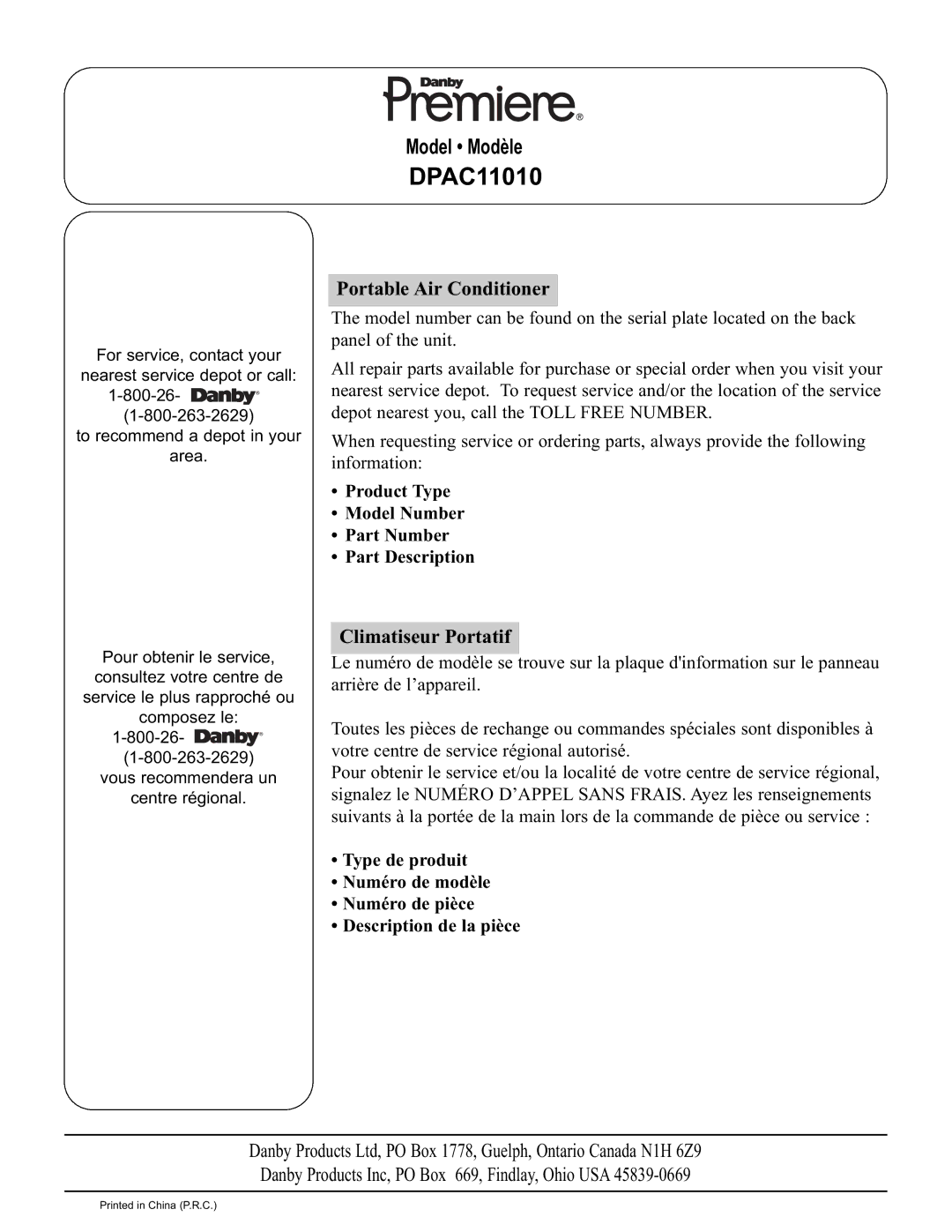 Danby DPAC 11010 manual DPAC11010, Product Type Model Number Part Number Part Description 