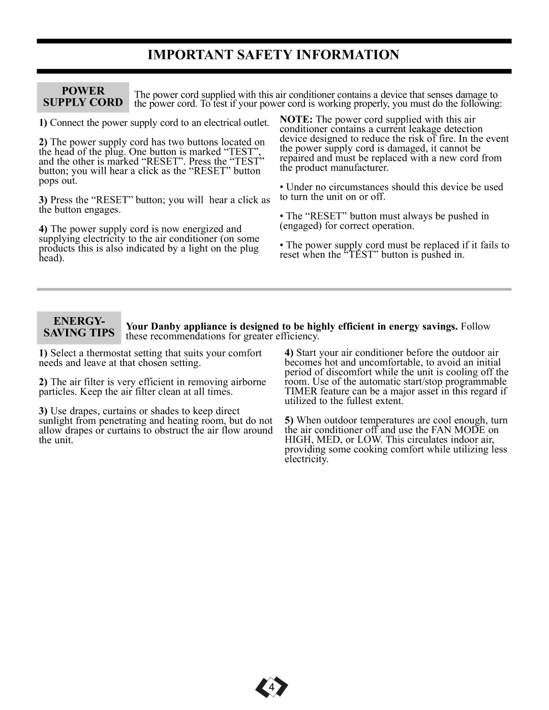 Danby DPAC 11010 manual Power, Supply Cord, Energy, Saving Tips, These recommendations for greater efficiency 